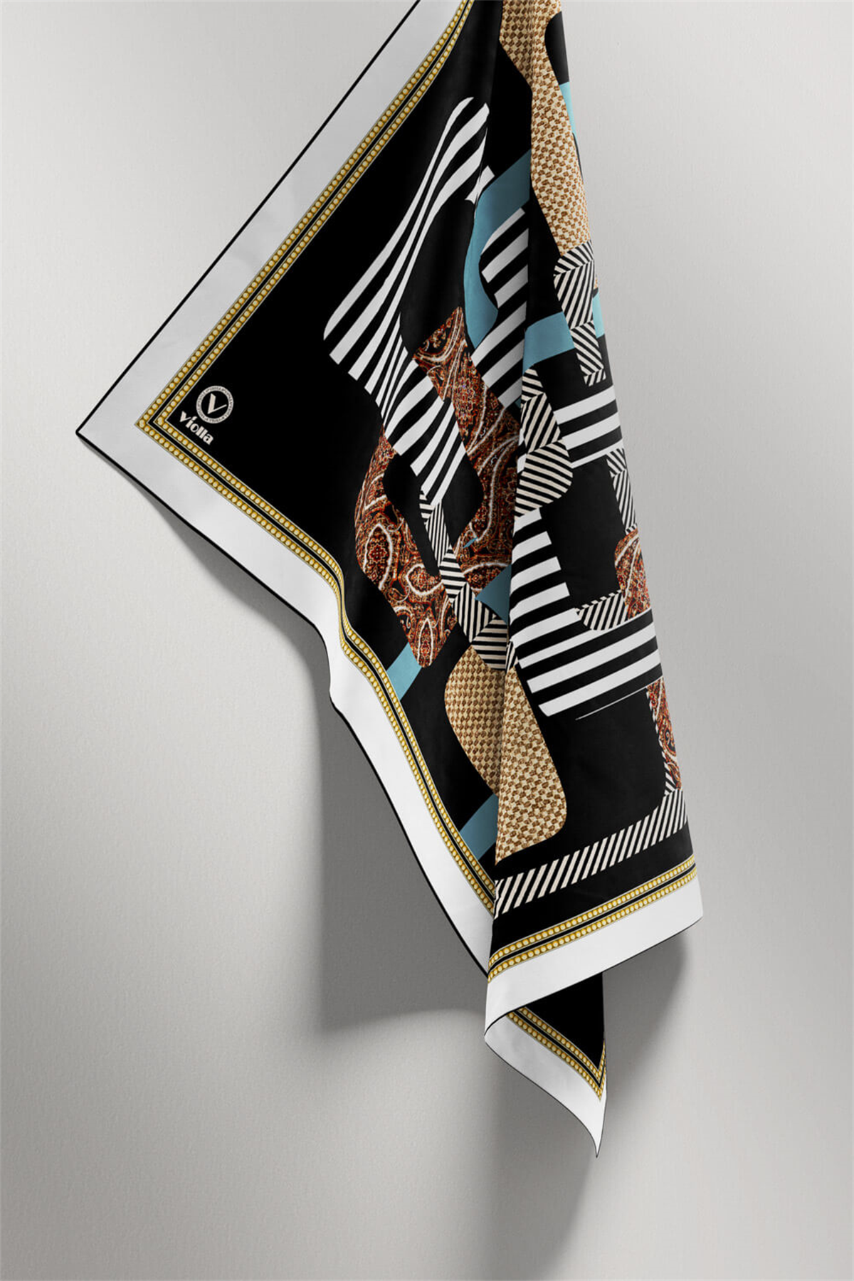 Twill Geometrik Desenli İndigo Renkli 90x90 Eşarp (İpek İçermez) Kenar Dikiş Şekli El Dikişli