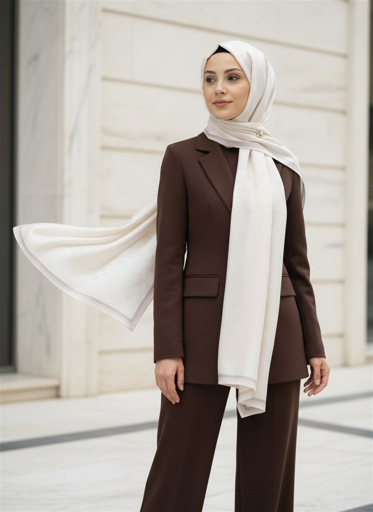 %57 İpek %43 Pamuk Monogram Dokumalı Bej-Bej Renkli 70X190 Yumuşak Dökümlü Şal
