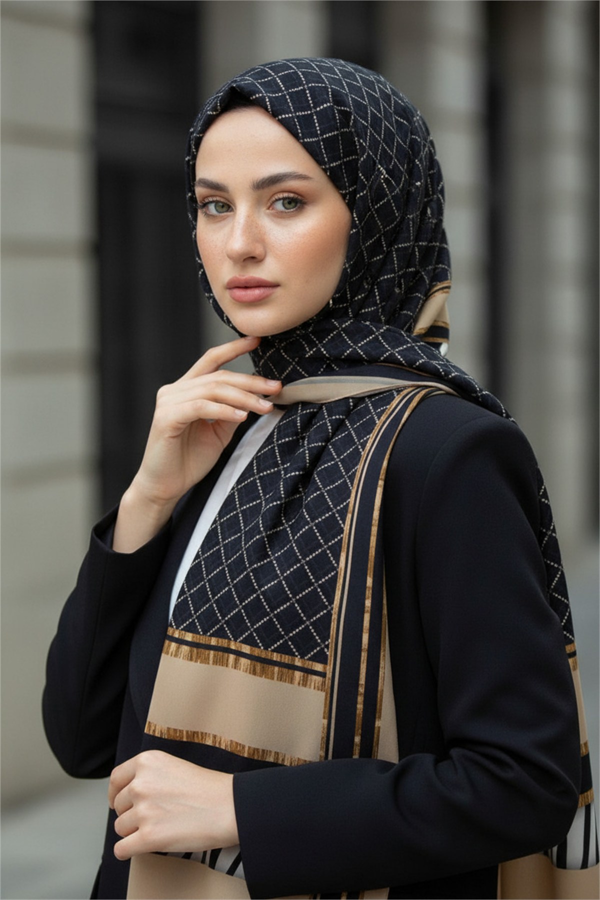 KREP ZEBRALI BAKLAVA DESENLİ BEJ RENKLİ 75X195 KIRIŞMAZ ŞAL