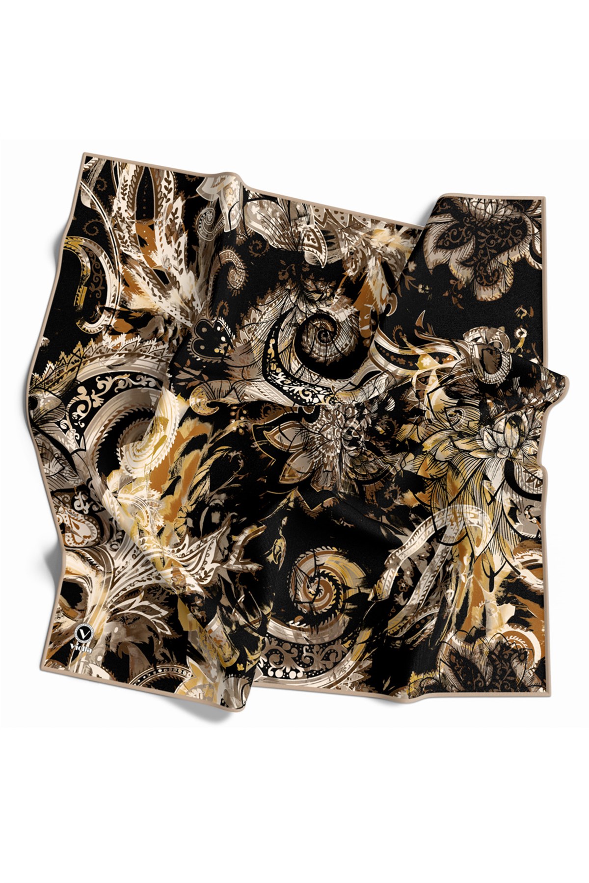 Twill Şal Desenli Bej Renkli 90x90 Eşarp (İpek İçermez) Kenar Dikiş Şekli El Dikişli