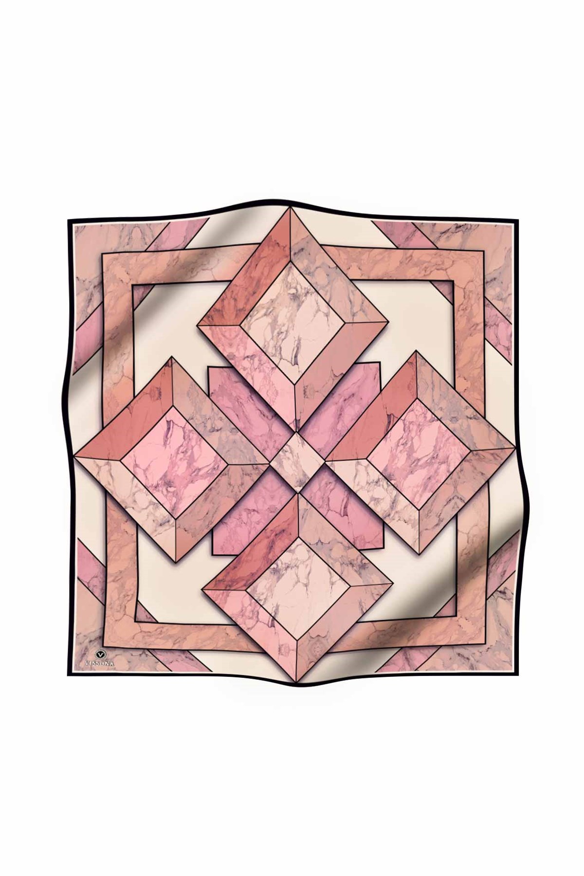 %100 Twill İpek Mermer Desenli Somon - Pudra Renkli 90x90 Eşarp Dikim Şekli : El Dikişi
