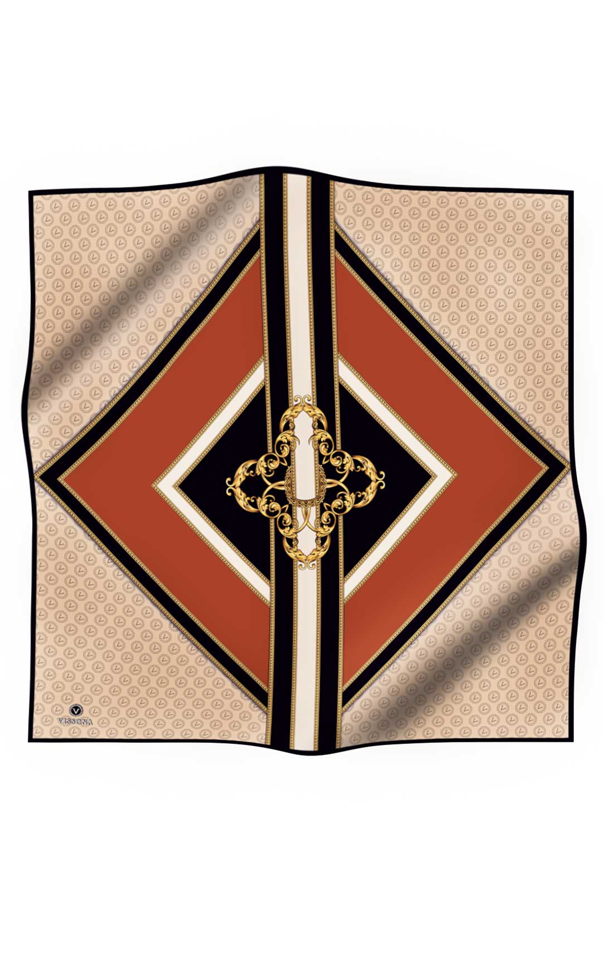 %100 Twill İpek Monogram ve Barok Desenli Krem - Taba Renkli 90x90 Eşarp Dikim Şekli : El Dikişi