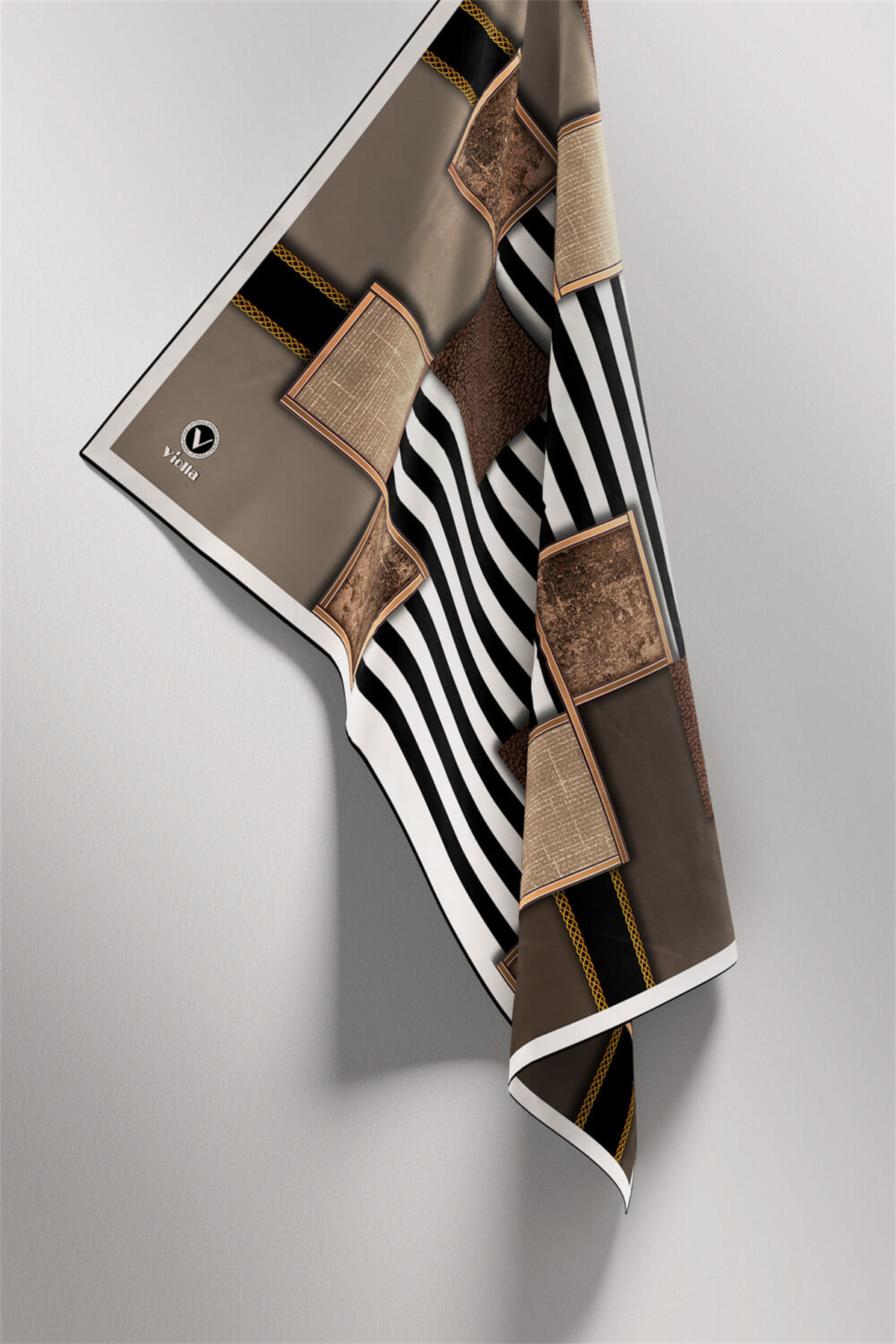 Twill Geometrik Ve Çizgili Desenli Taş Renkli 90x90 Eşarp (İpek İçermez) Dikim Şekli : El Dikişi