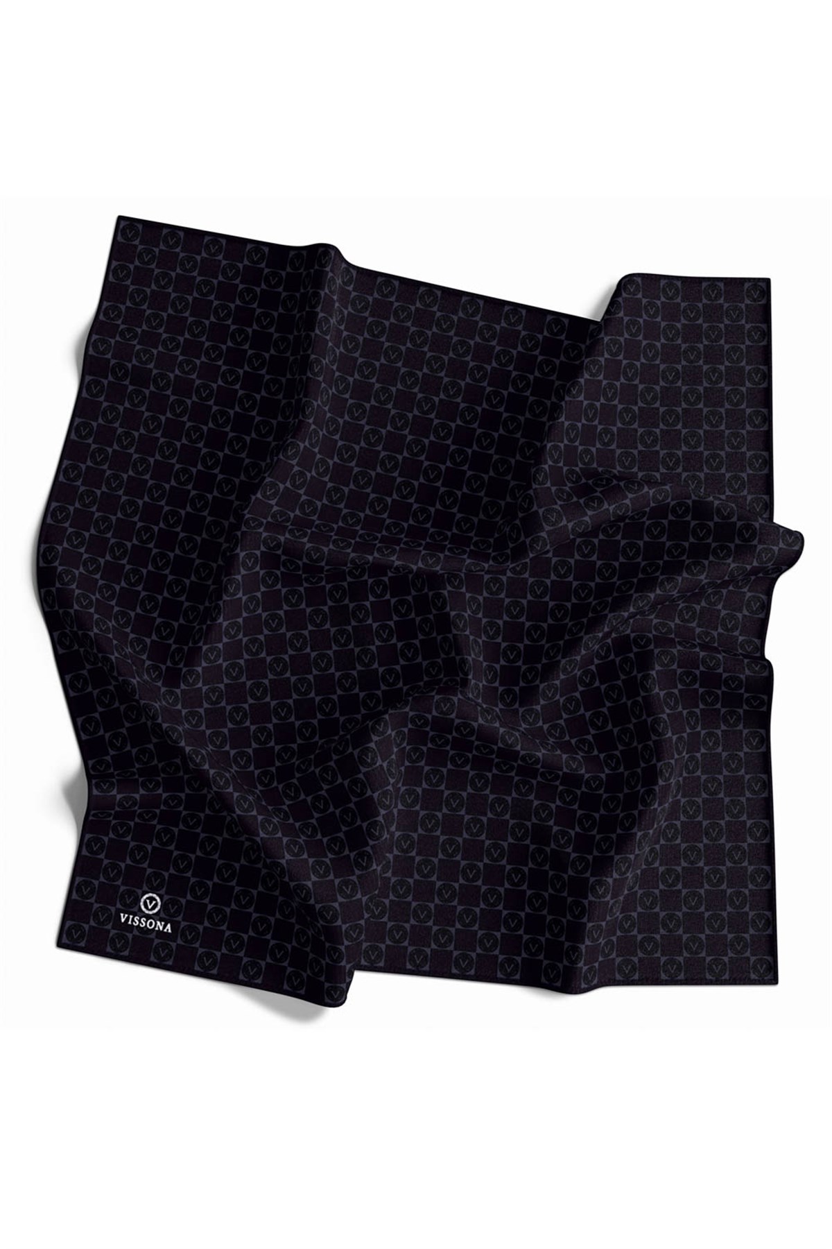 %100 Twill İpek Monogram Desenli Siyah Renkli 90x90 Eşarp Dikim Şekli : El Dikişi