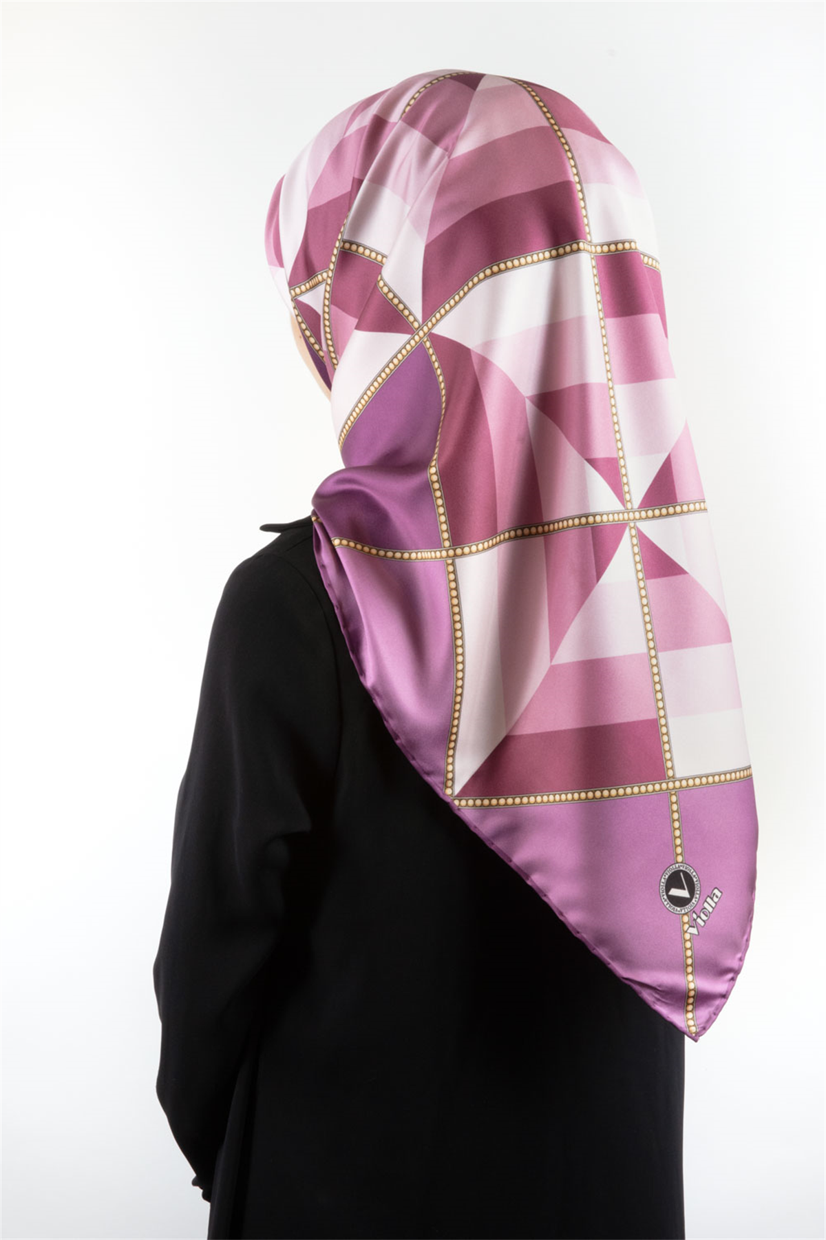 Twill Geometrik Desenli Lila Renkli 90x90 Eşarp (İpek İçermez) Kenar Dikiş Şekli El Dikişli