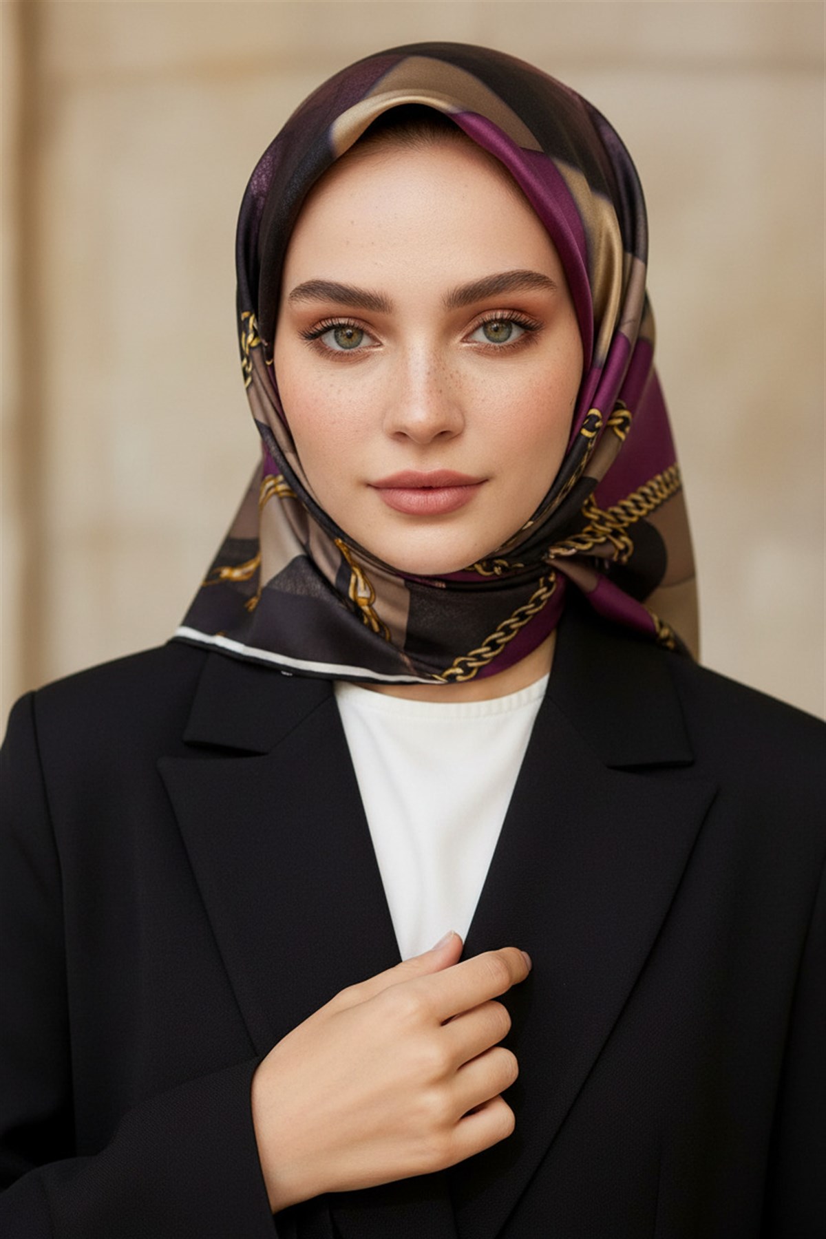 % 57 İPEK % 43 VİSKON Twill İpek Taş Efekti Desenli Mürdüm - Siyah Renkli 90x90 Eşarp Dikim Şekli : El Dikişi