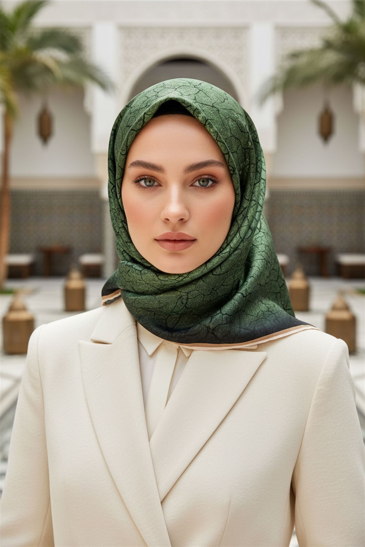 % 57 İPEK % 43 VİSKON Twill İpek Bulut  Desenli Zümrüt Yeşili Renkli 90x90 Eşarp Dikim Şekli : El Dikişi