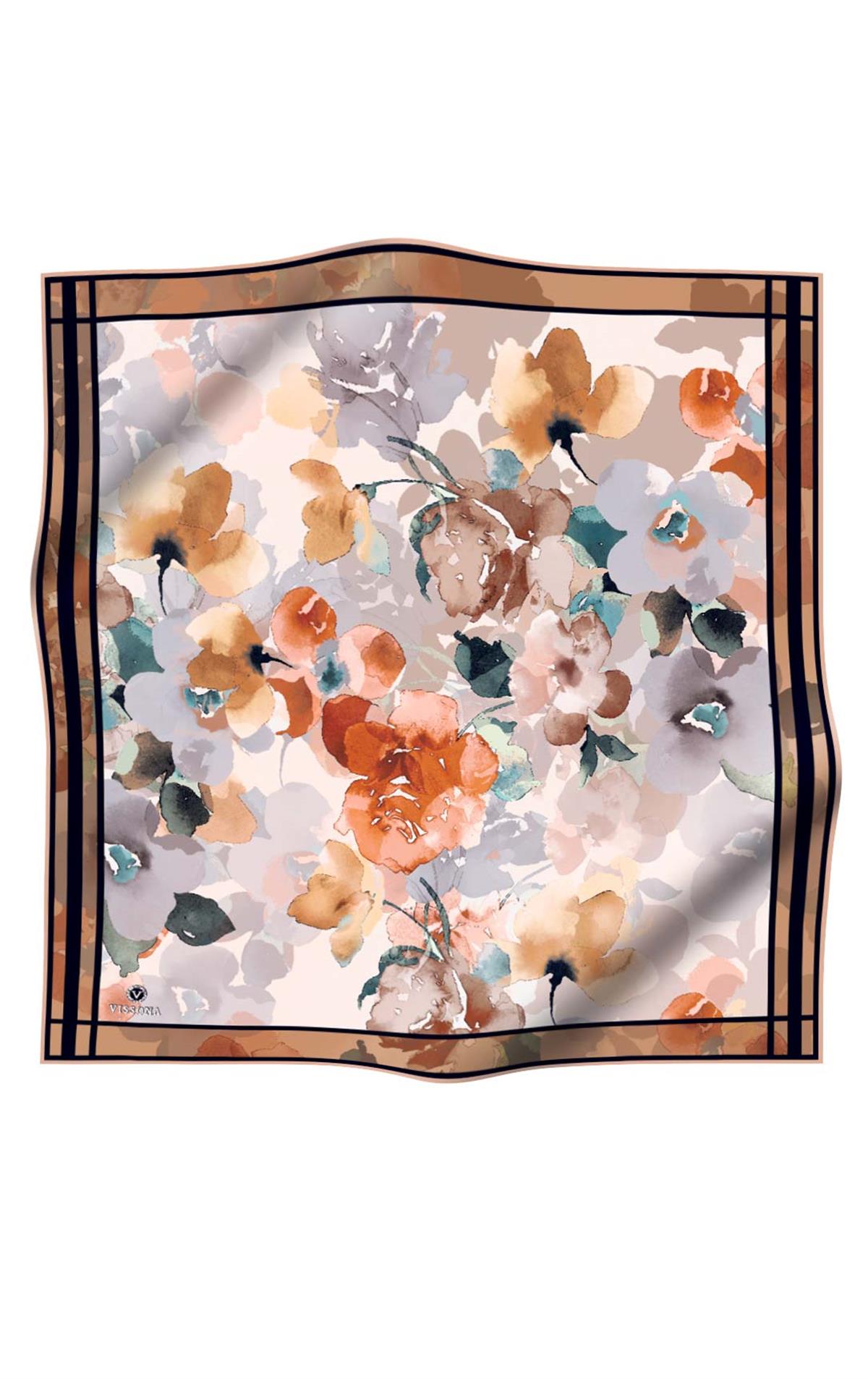 %100 Twill İpek Sulu Boyalı Çiçek Desenli Vizon - Turuncu Renkli 90x90 Eşarp Dikim Şekli : El Dikişi