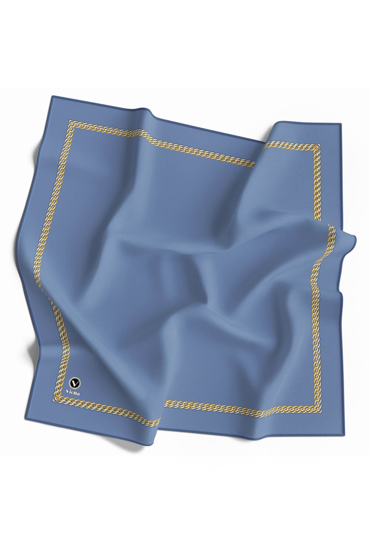 Twill Kenar Motifi Zincir Desenli Düz Bebe Mavisi Renkli 90x90 Dikim Şekli : El Dikişi Eşarp (İpek İçermez)
