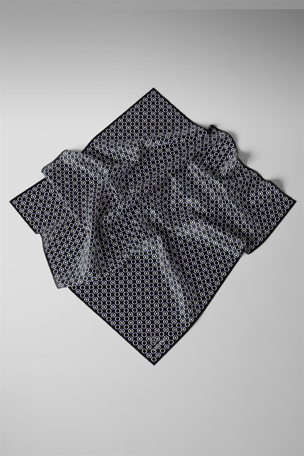 %100 Twill İpek Zincir Desenli Siyah - Saks Renkli 90x90 Eşarp Kenar Dikiş Şekli El Dikişli