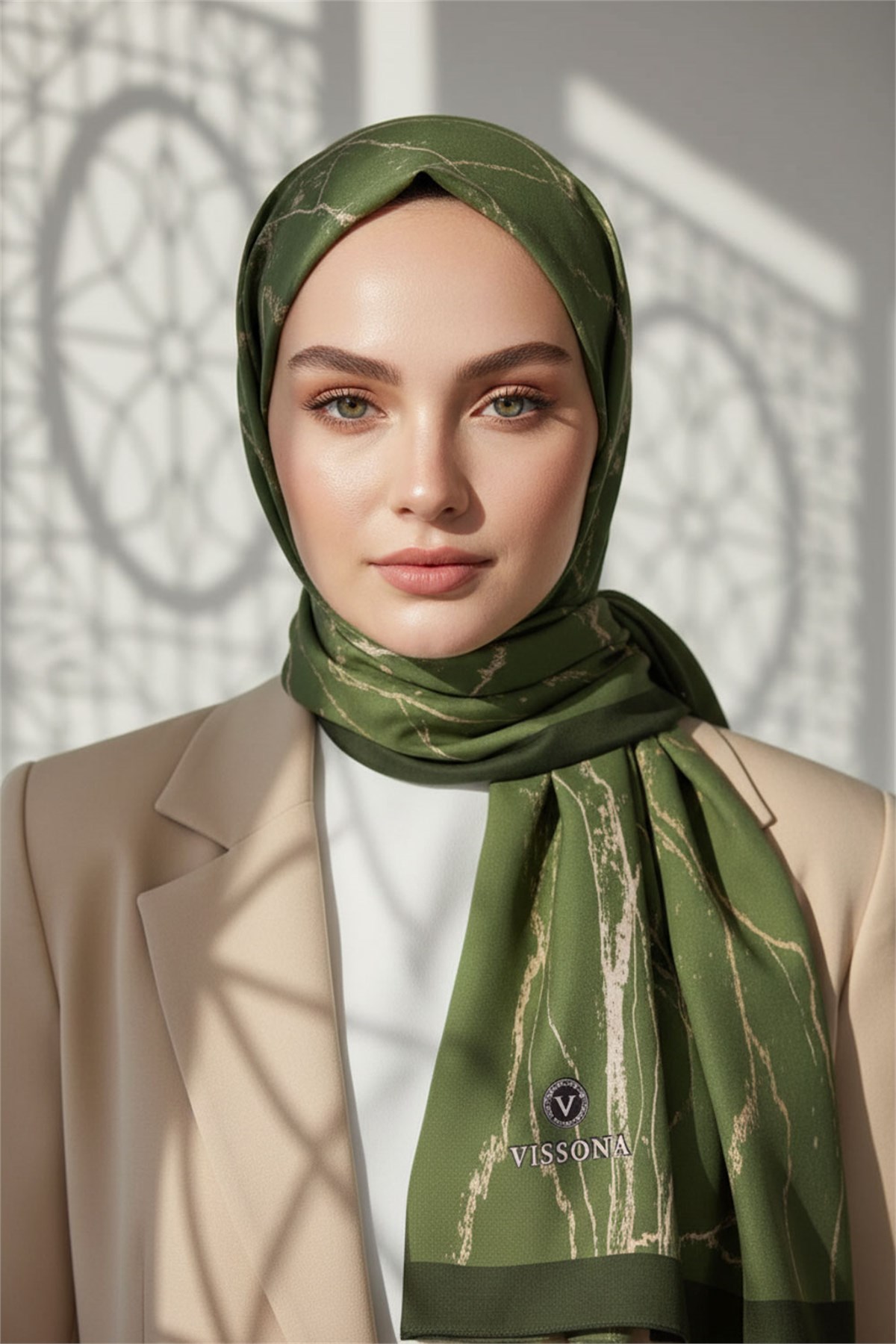 KREP MERMER DESENLİ HAKİ YEŞİLİ RENKLİ 75X195 KIRIŞMAZ ŞAL