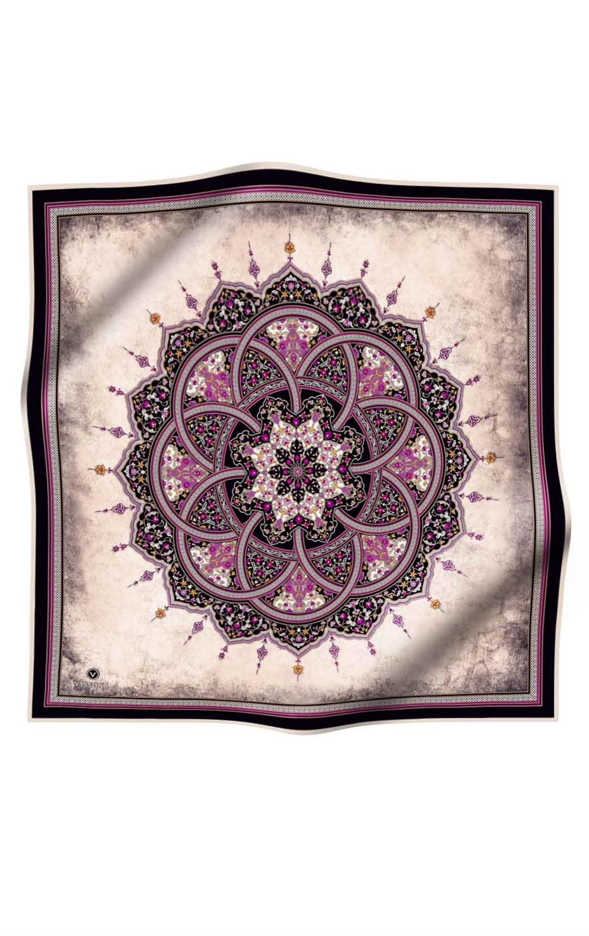 %100 Twill İpek Şal Desenli Siyah - Mürdüm Renkli 90x90 Eşarp Dikim Şekli : El Dikişi