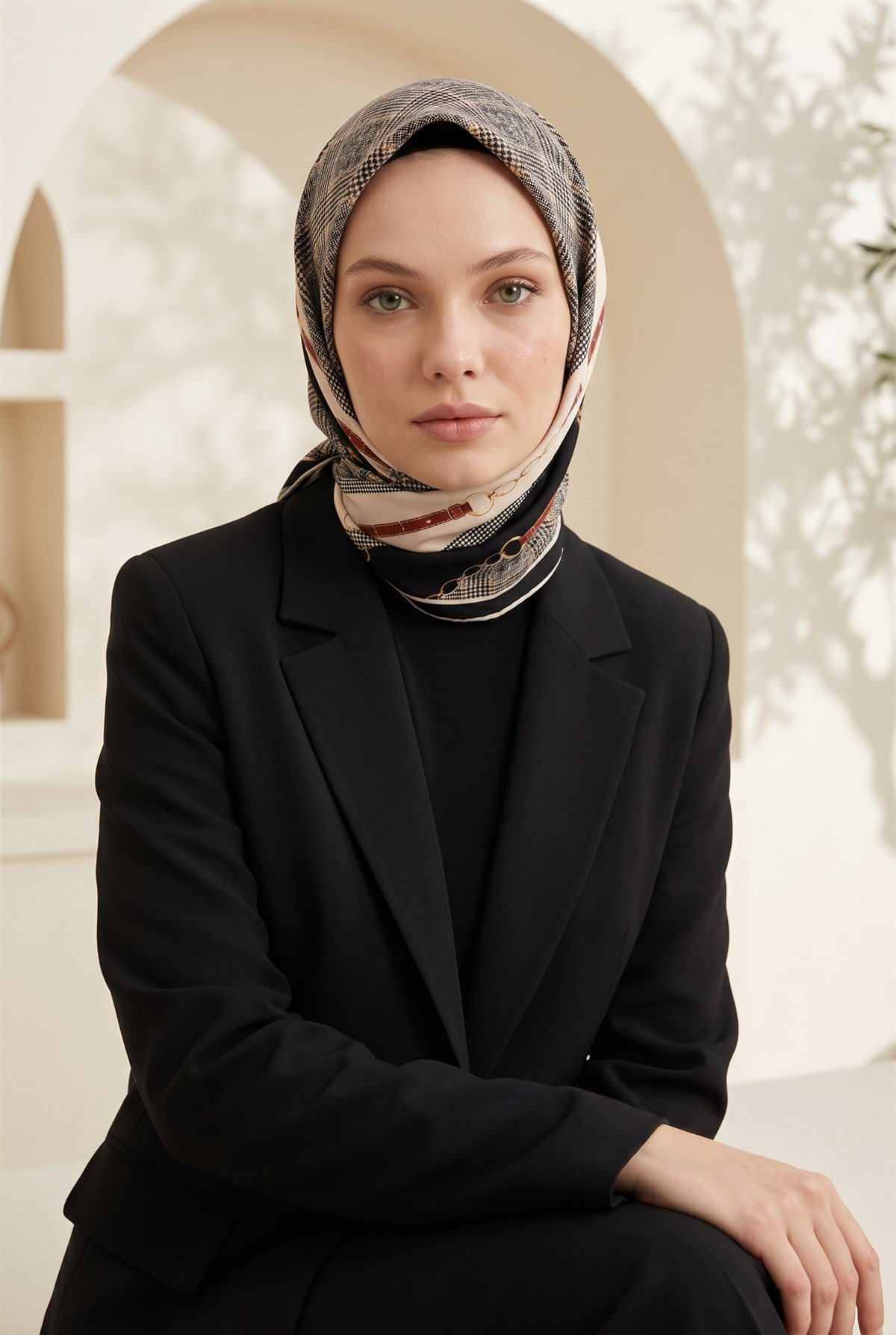 Twill Kemer ve Zincir Detaylı Ekose Desenli Siyah Renkli 90x90 Eşarp (İpek İçermez) Kenar Dikiş Şekli El Dikişli