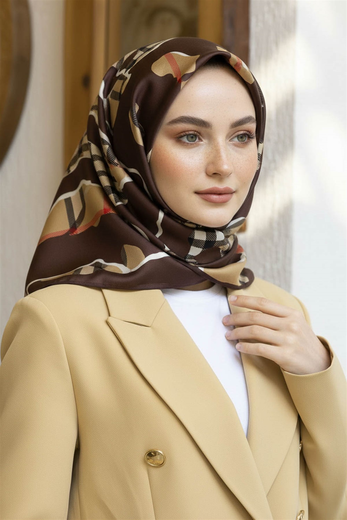 %100 Twill İpek Leopar Desenli Kahverengi - Bej Renkli 90x90 Eşarp Dikim Şekli : El Dikişi