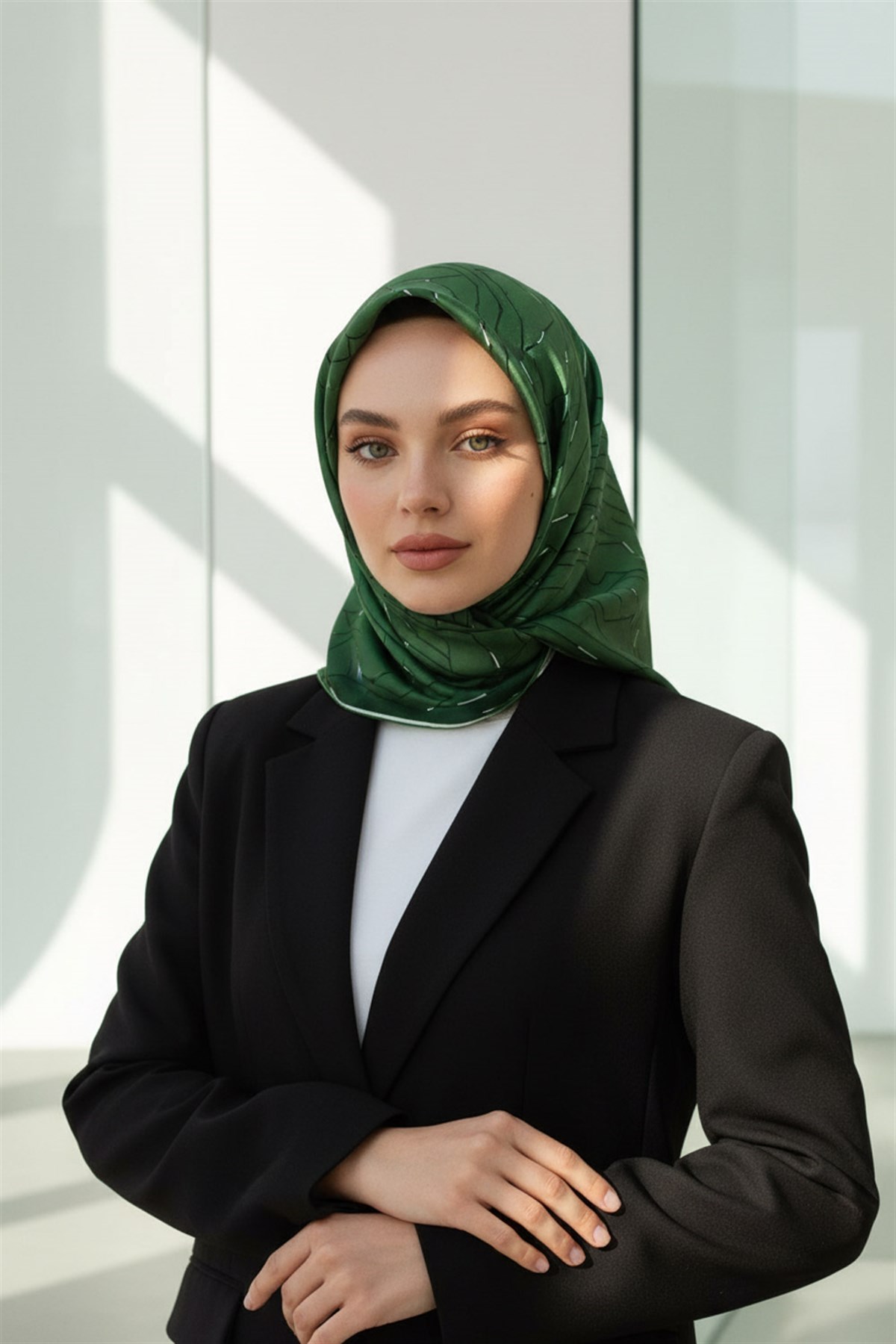 %100 Twill İpek Geometrik Desenli Zümrüt Yeşili Renkli 90x90 Eşarp Dikim Şekli : El Dikişi
