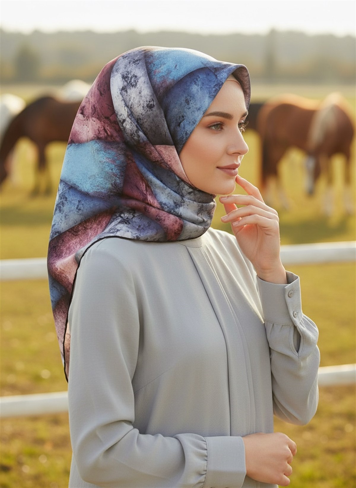 %100 Twill İpek Dokulu Ve Geometrik Desenli Gül Kurusu - İndigo Renkli 90x90 Eşarp Dikim Şekli : El Dikişi
