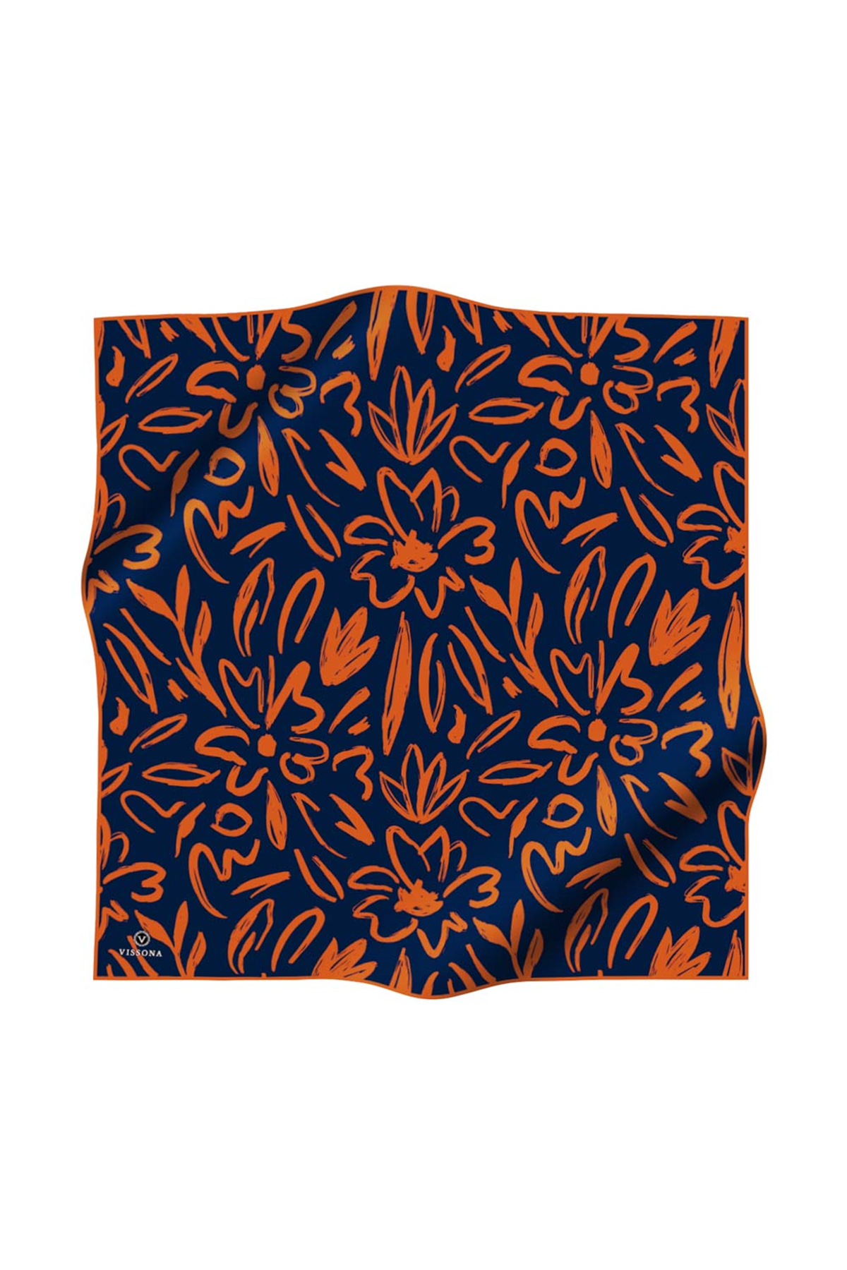 % 57 İPEK % 43 VİSKON Twill İpek Büyük Çiçek Desenli Lacivert - Turuncu Renkli 90x90 Eşarp Dikim Şekli : El Dikişi