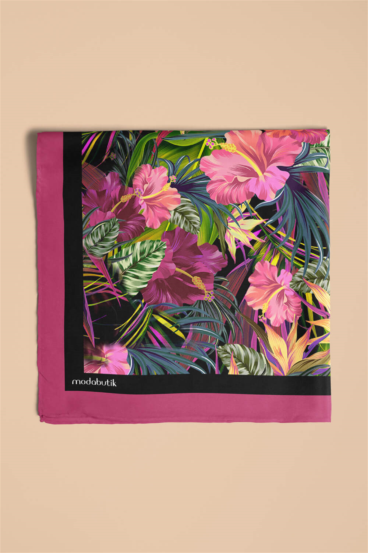 G39 Kadın Yeşil Pembe Çiçek Desenli 50x50 Bandana