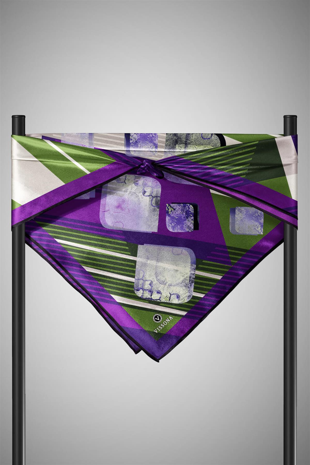 %100 Twill İpek Geometrik Desenli Mor - Haki Renkli 90x90 Eşarp Dikim Şekli : El Dikişi