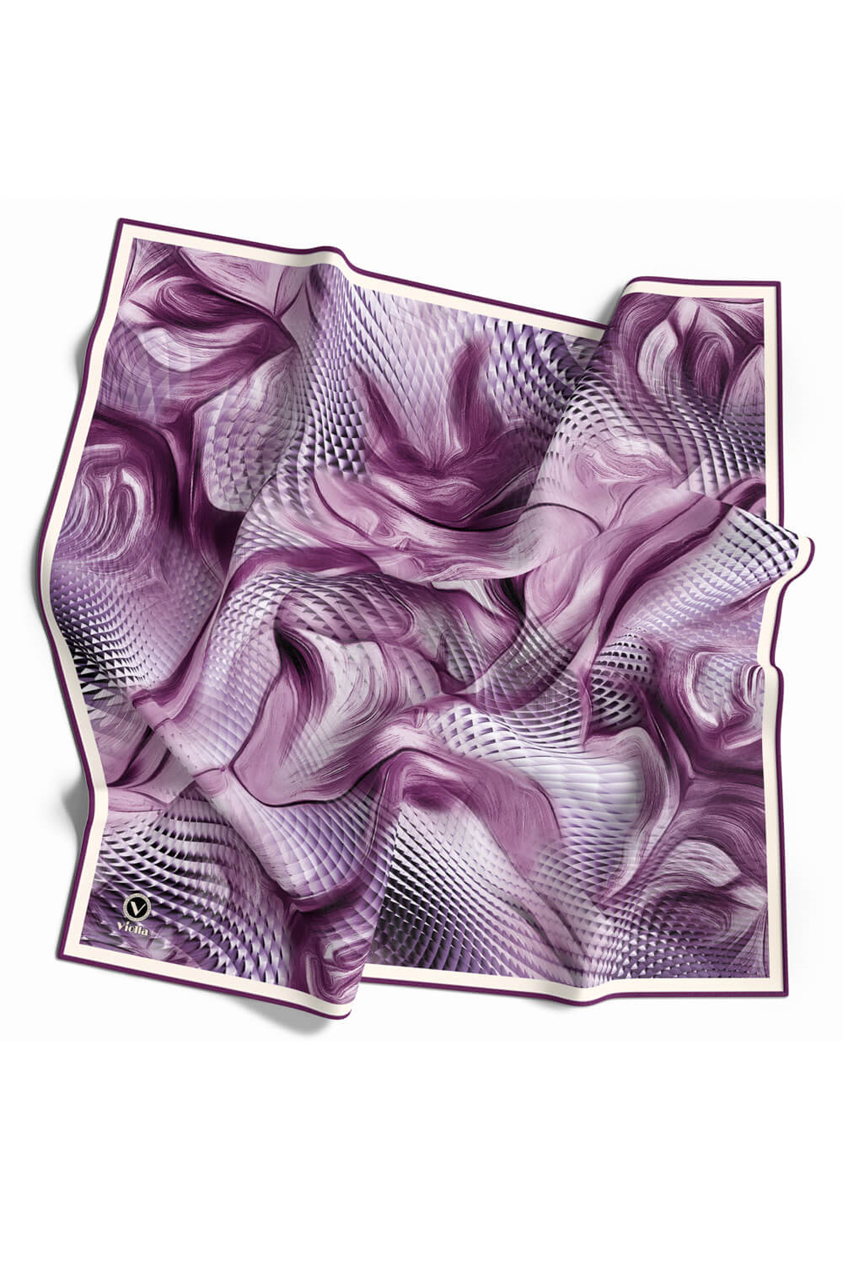 Twill Geometrik Ve Dalga Desenli Mürdüm Renkli 90x90 Eşarp (İpek İçermez) Dikim Şekli : El Dikişi