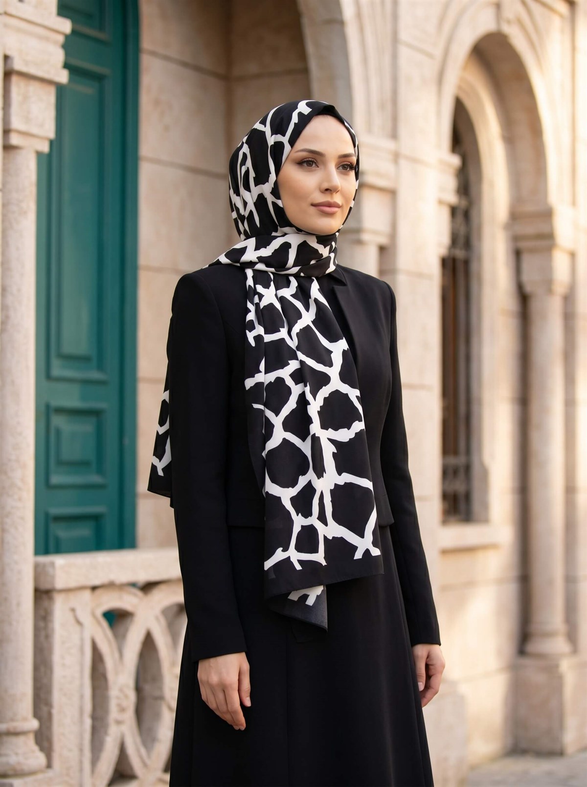 KREP TAŞ DESENLİ SİYAH - BEYAZ RENKLİ 75X195 KIRIŞMAZ ŞAL
