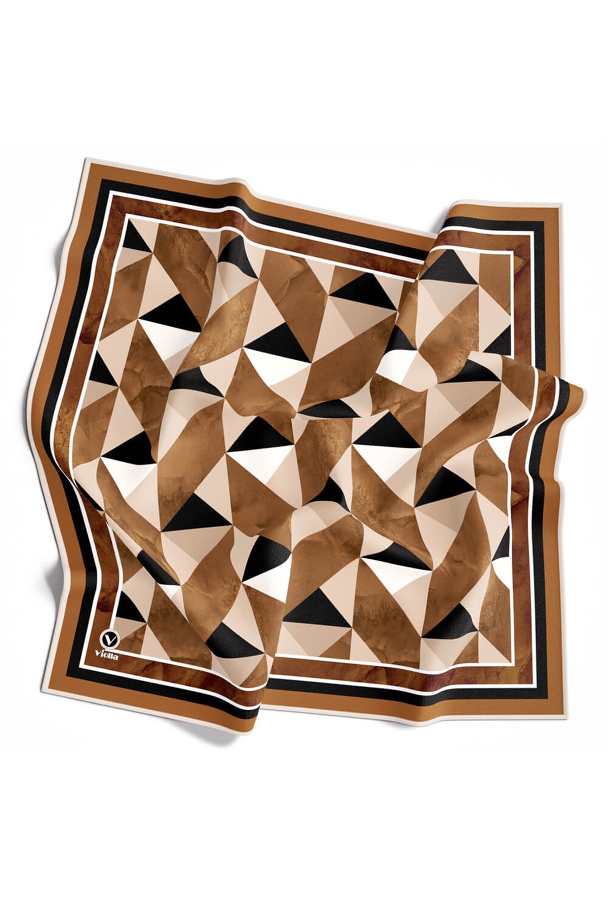 Twill Geometrik Desenli Hardal Renkli 90x90 Eşarp (İpek İçermez) Kenar Dikiş Şekli El Dikişli
