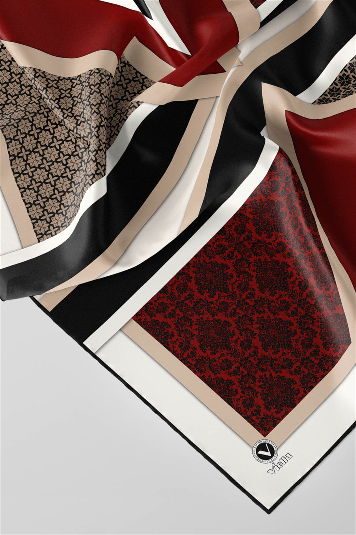 Twill Geometrik Barok Desenli Bordo - Bej Renkli 90x90 Eşarp (İpek İçermez) Kenar Dikiş Şekli El Dikişli