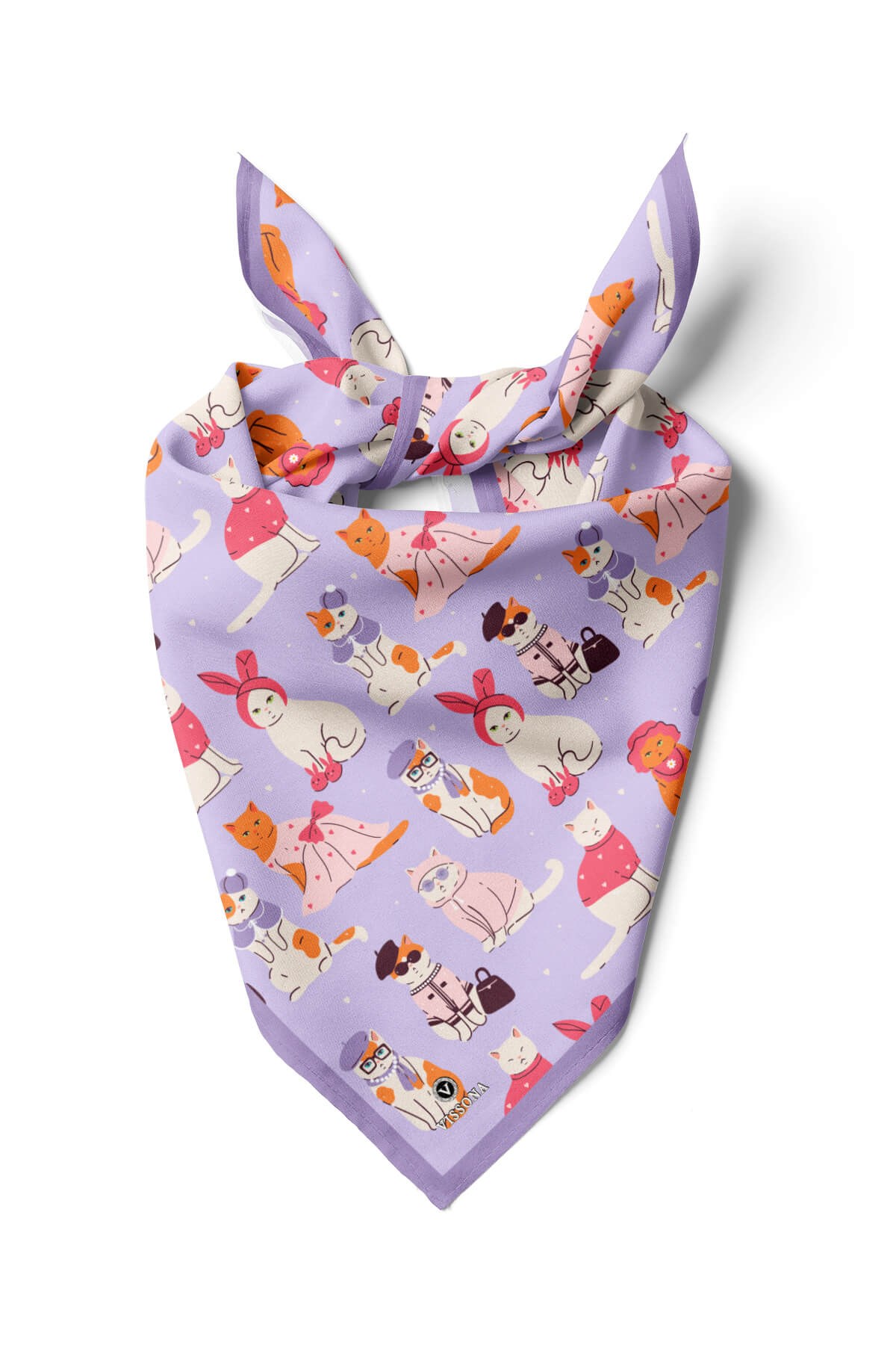 %100 İpek Süslü Kedi Desenli Kadın Bandana