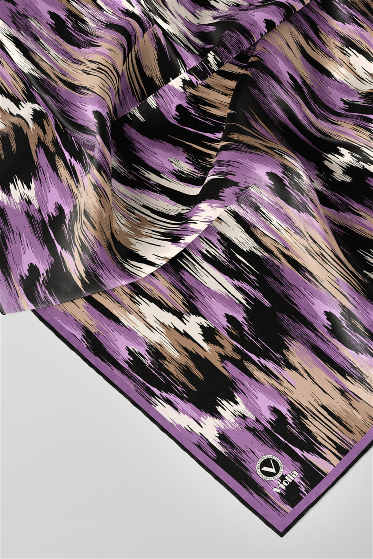 Twill Fırça Desenli Lila Renkli 90x90 Eşarp (İpek İçermez) Kenar Dikiş Şekli El Dikişli