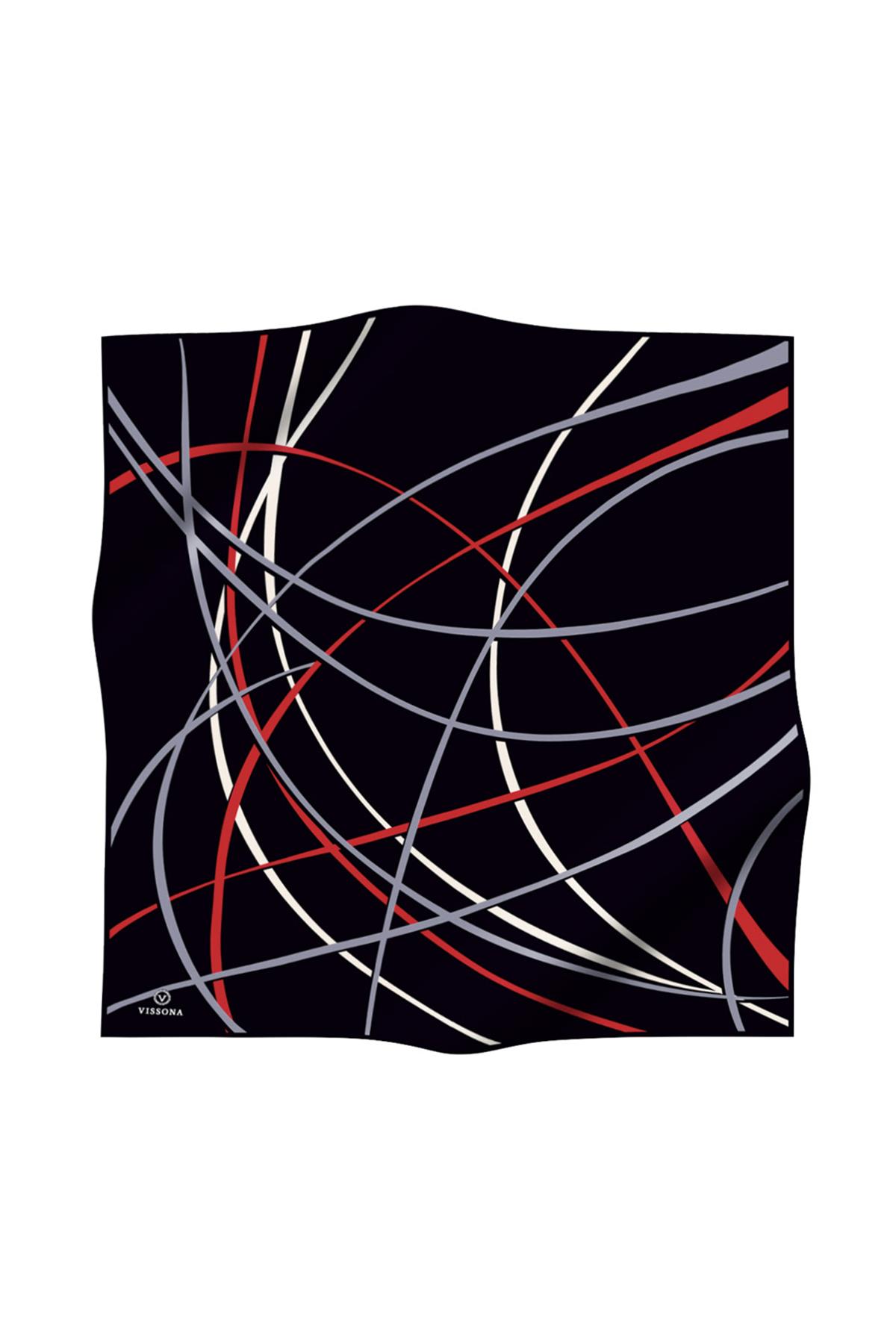 %100 Twill İpek Çizgili Desenli Siyah - Kırmızı Renkli 90x90 Eşarp Dikim Şekli : El Dikişi