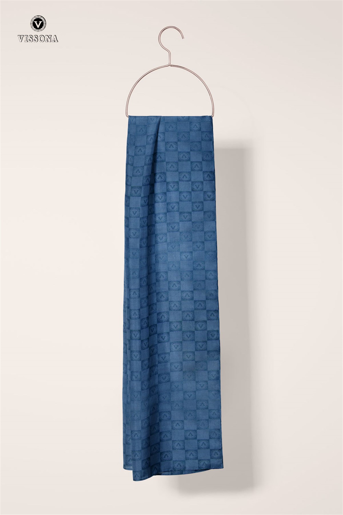 Vissona %57 İPEK %43 PAMUK Monogram Desenli Bebe Mavisi Renkli Şal -  70x190 Dikiş Tipi İtalyan Dikişli