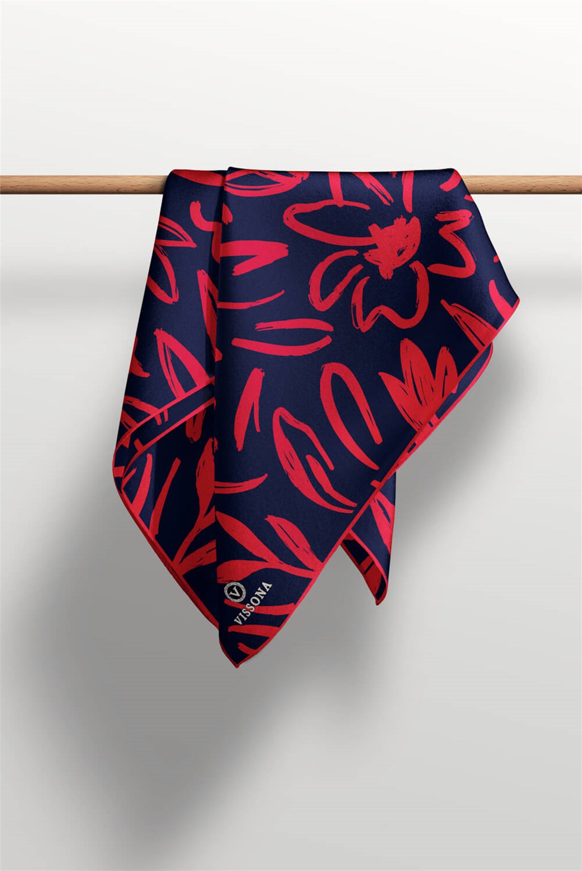 %100 Twill İpek Büyük Çiçek Desenli Lacivert - Kırmızı Renkli 90x90 Eşarp Dikim Şekli : El Dikişi