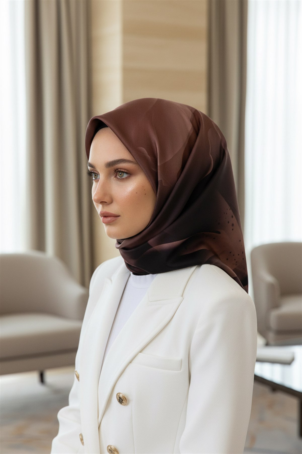 %100 Twill İpek Çiçek Desenli Soğan Kabuğu Renkli 90x90 Eşarp Dikim Şekli : El Dikişi
