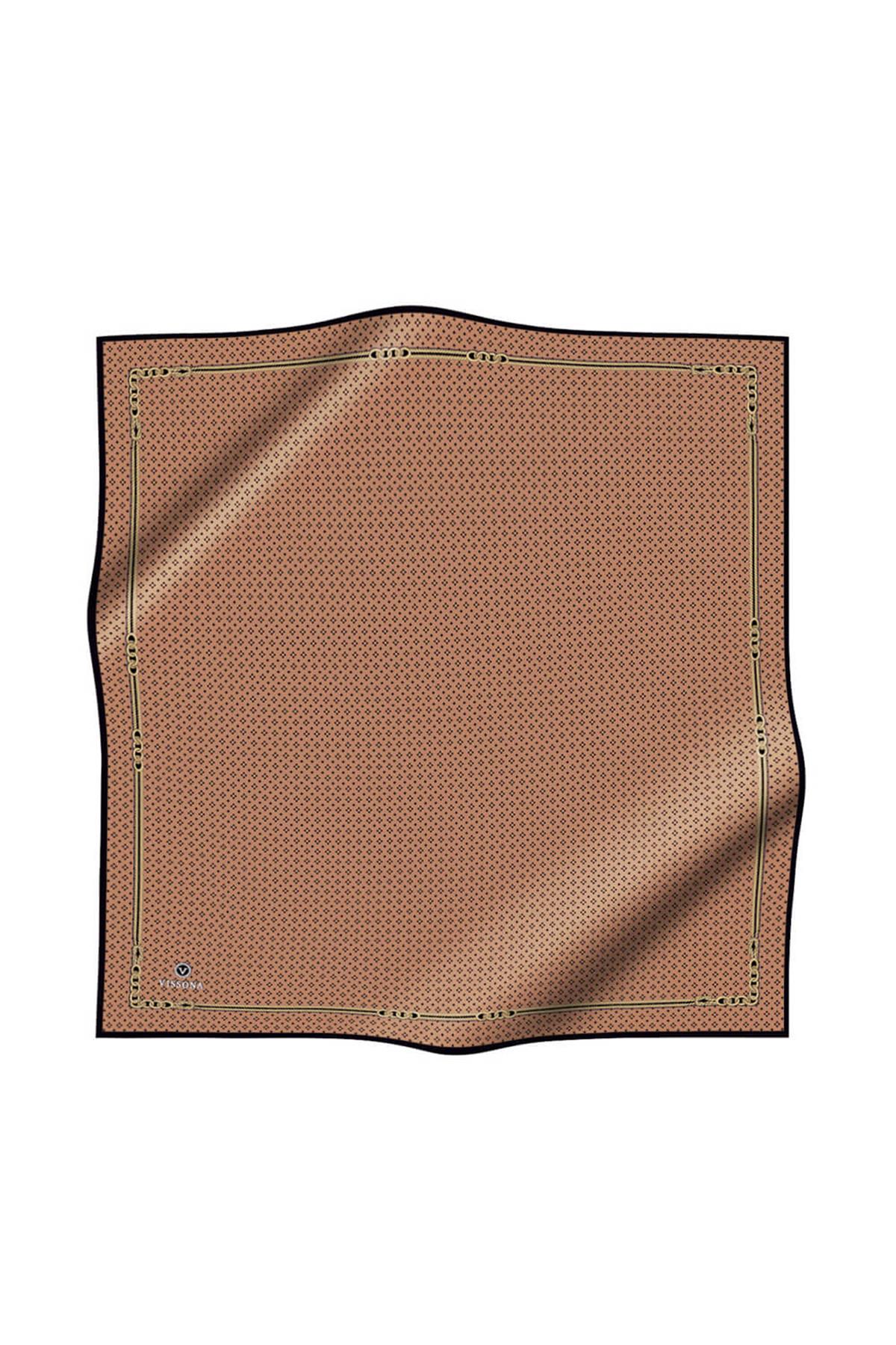 %100 Twill İpek Zincir Desenli Bakır - Siyah Renkli 90x90 Eşarp Dikim Şekli : El Dikişi