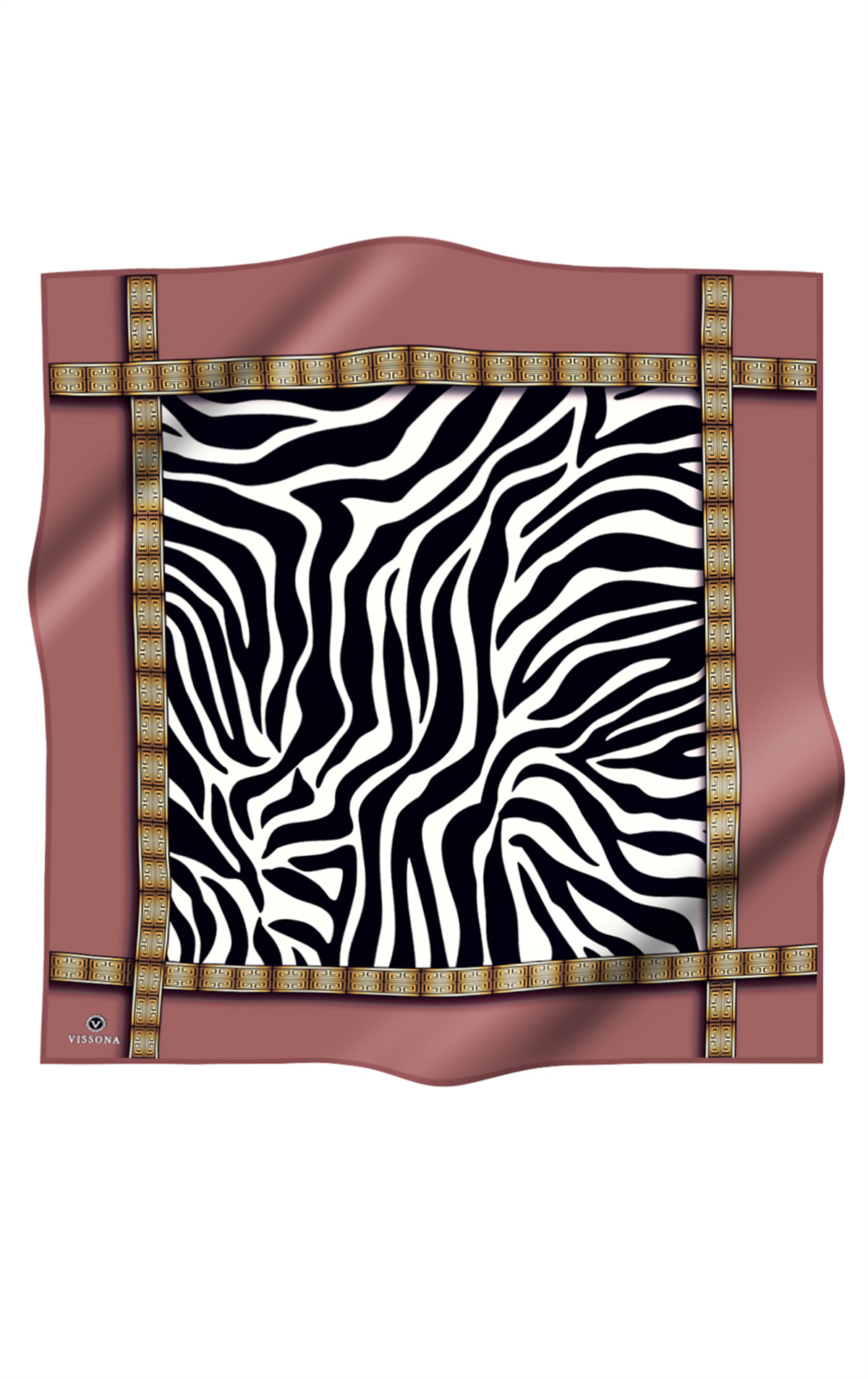 %100 Twill İpek Zebra Desenli Pudra - Gold Renkli 90x90 Eşarp Dikim Şekli : El Dikişi