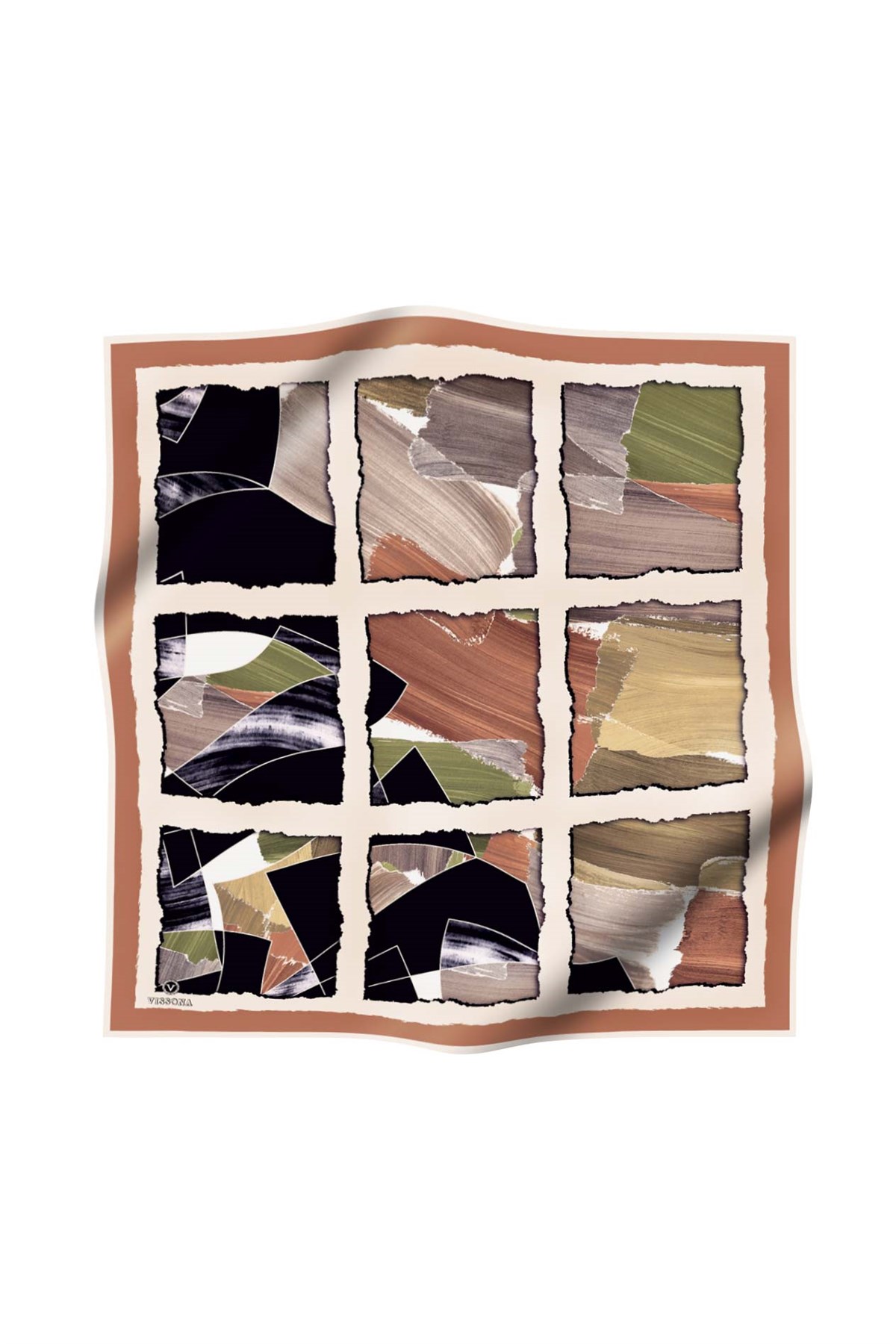 %100 Twill İpek Geometrik Desenli Bakır - Haki Renkli 90x90 Eşarp Dikim Şekli : El Dikişi