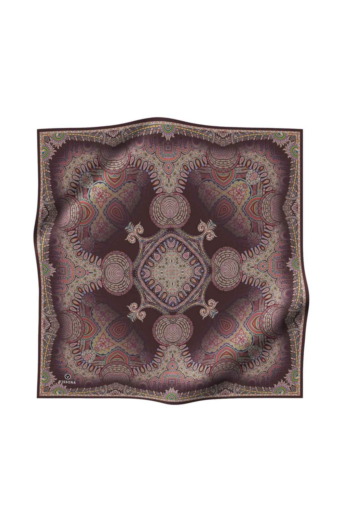 %100 Twill İpek Şal Desenli Kahverengi Renkli 90x90 Eşarp Dikim Şekli : El Dikişi