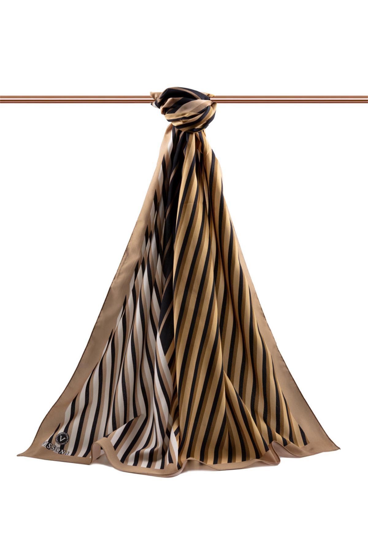 LÜKS MEDİNE İPEĞİ ÇİZGİ DESENLİ BEJ RENKLİ 75X195 KIRIŞMAZ ŞAL MOSS KREP DİKİŞ TİPİ İTALYAN DİKİŞLİ