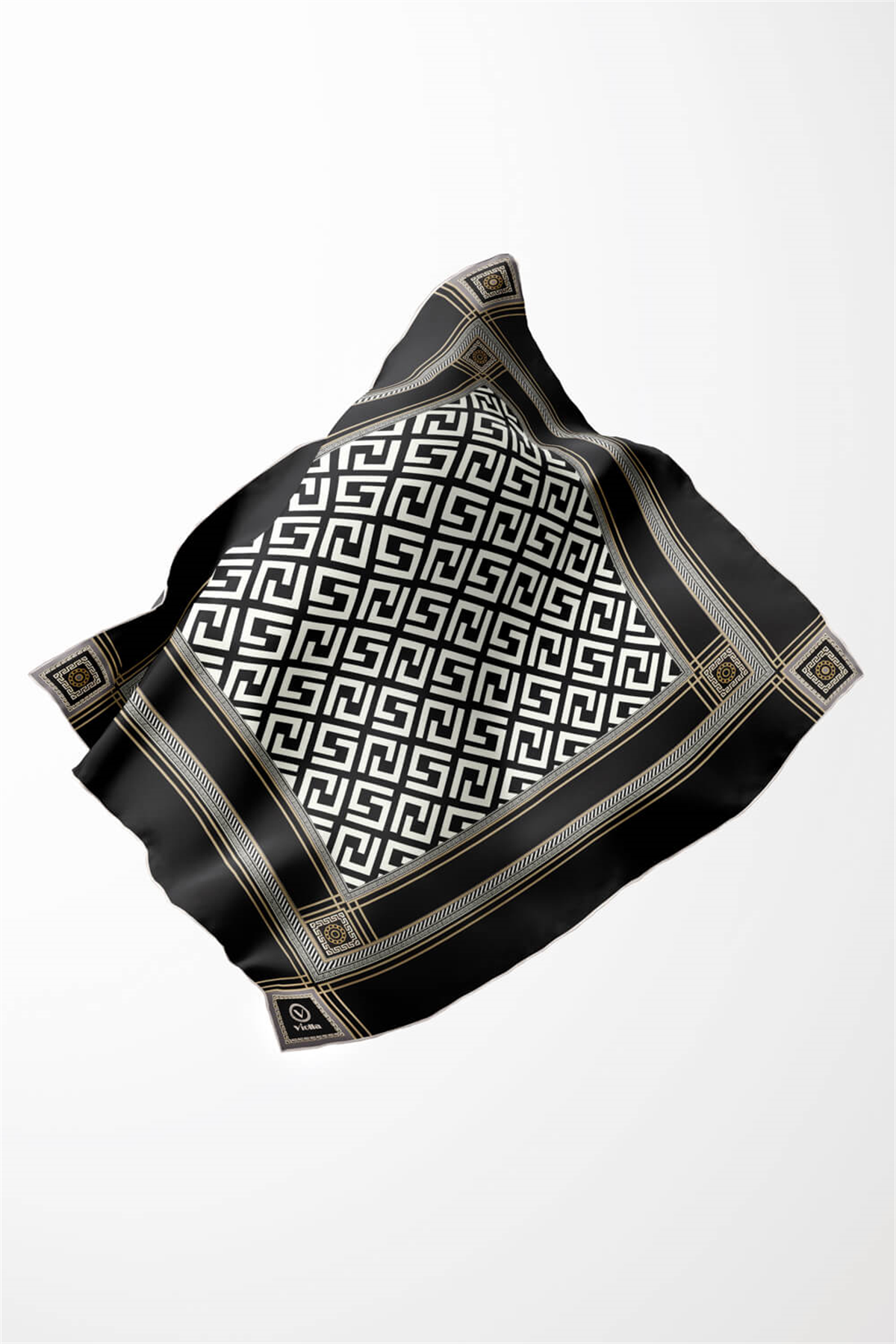 Twill Antik Desenli Siyah Renkli 90x90 Eşarp (İpek İçermez) Kenar Dikiş Şekli El Dikişli