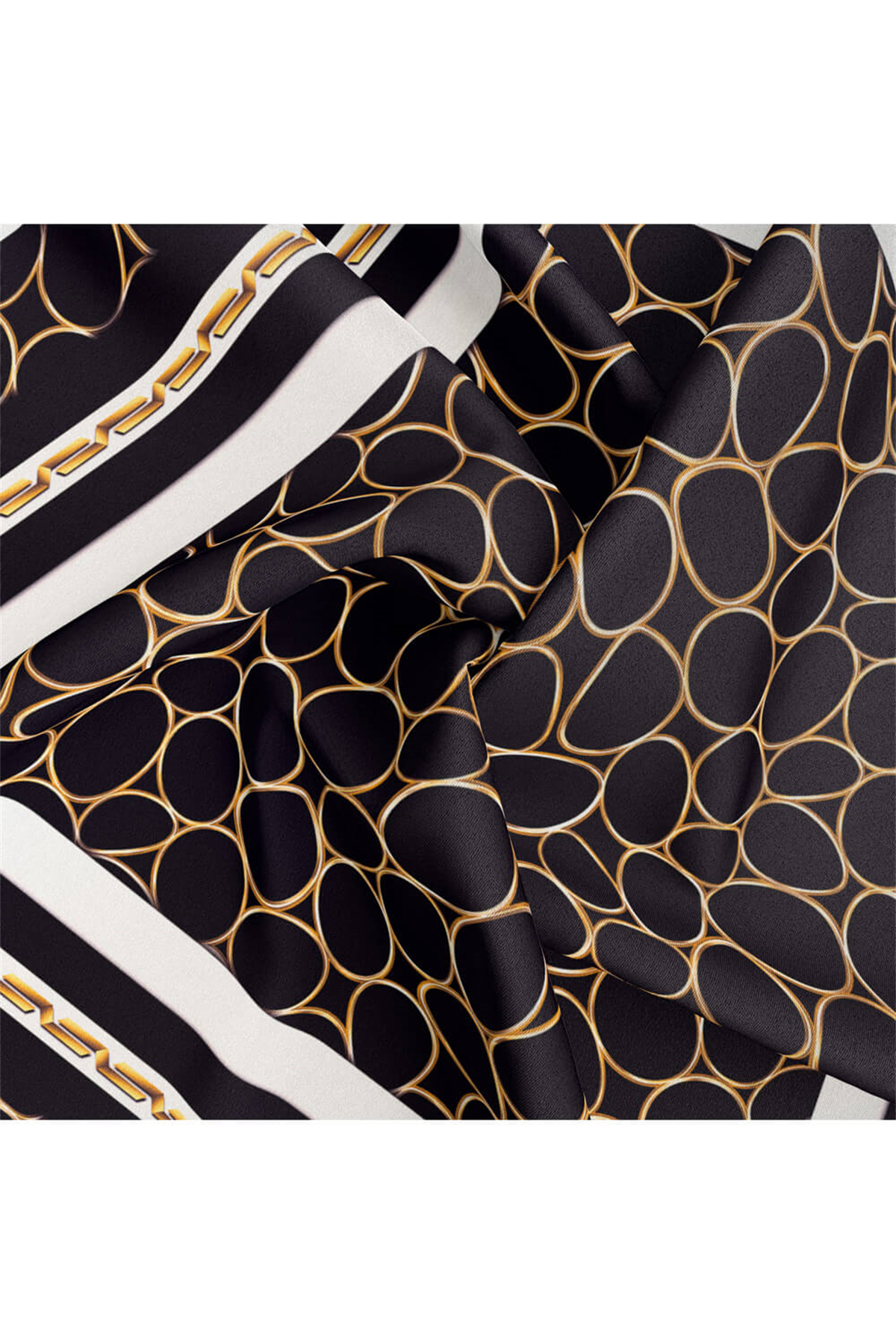 %100 Twill İpek Zincir Desenli Siyah - Krem Renkli 90x90 Eşarp Kenar Dikiş Şekli El Dikişli