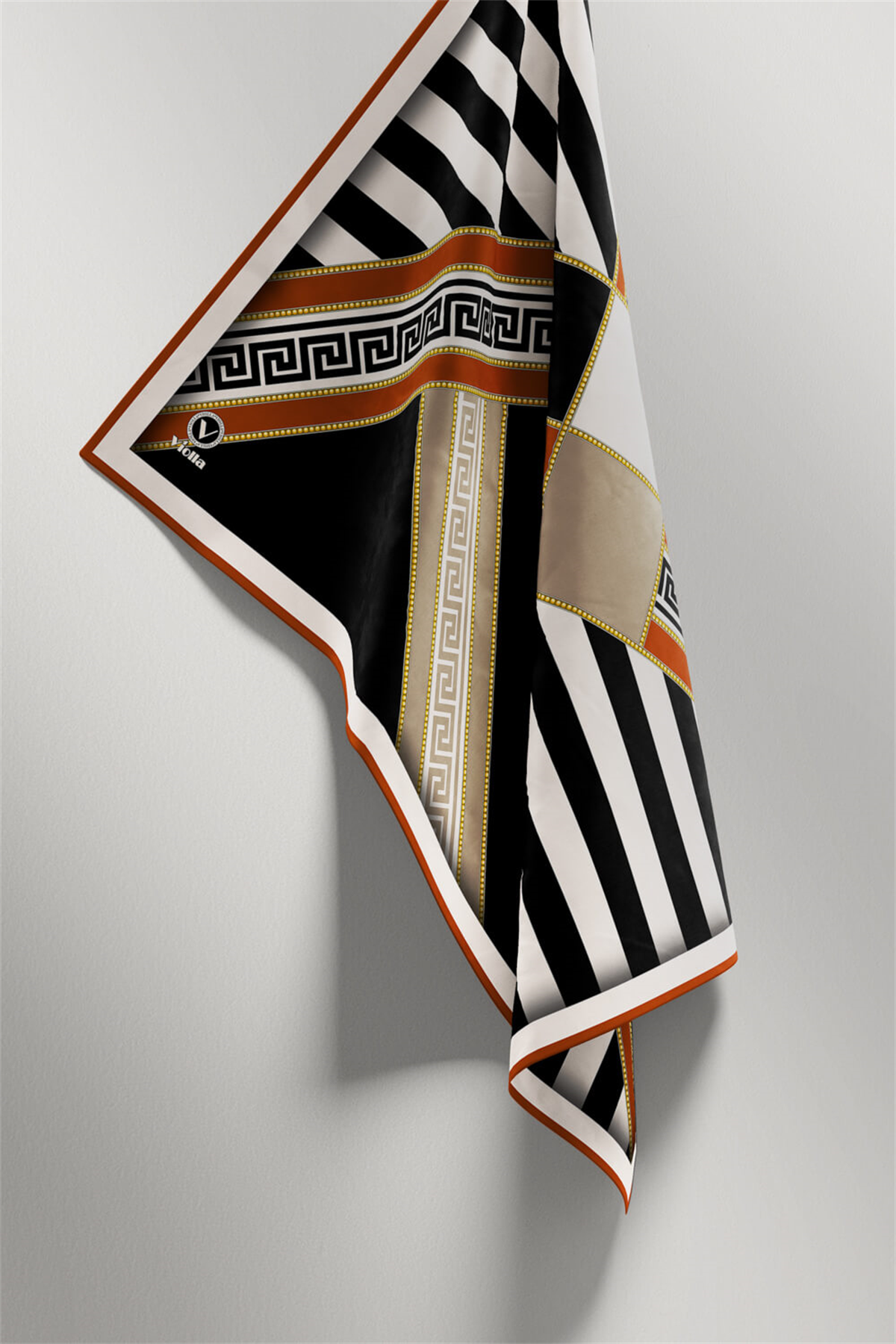 Twill Çizgili Geometrik Desenli Taba Renkli 90x90 Eşarp (İpek İçermez) Kenar Dikiş Şekli El Dikişli