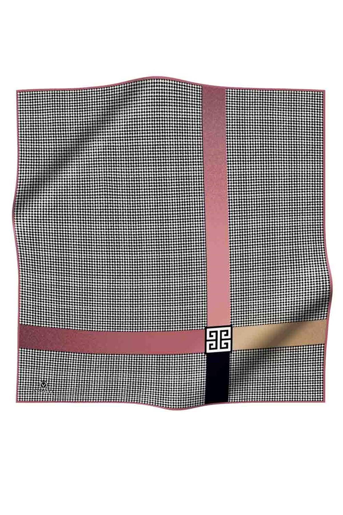 %100 Twill İpek Kazayağı Desenli Pudra - Gül Kurusu Renkli 90x90 Eşarp Dikim Şekli : El Dikişi