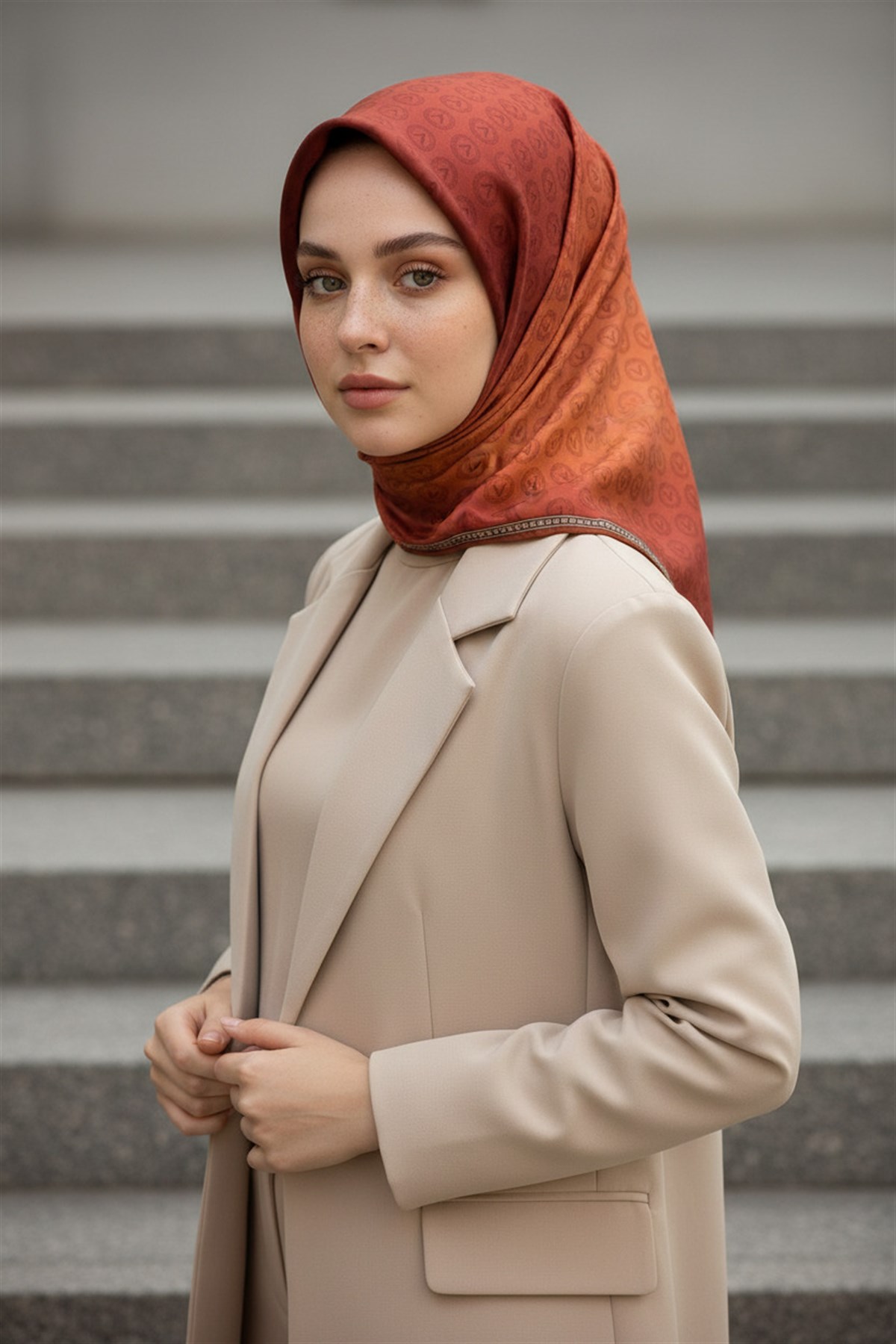 %100 Twill İpek Monogram Desenli Taba Renkli 90x90 Eşarp Dikim Şekli : El Dikişi