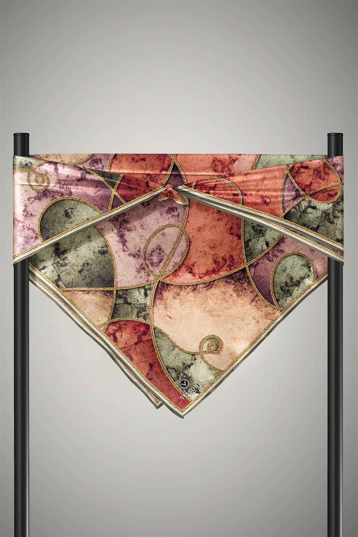 %100 Twill İpek Zincirli Mermer Desenli Haki - Bakır Renkli 90x90 Eşarp Dikim Şekli : El Dikişi