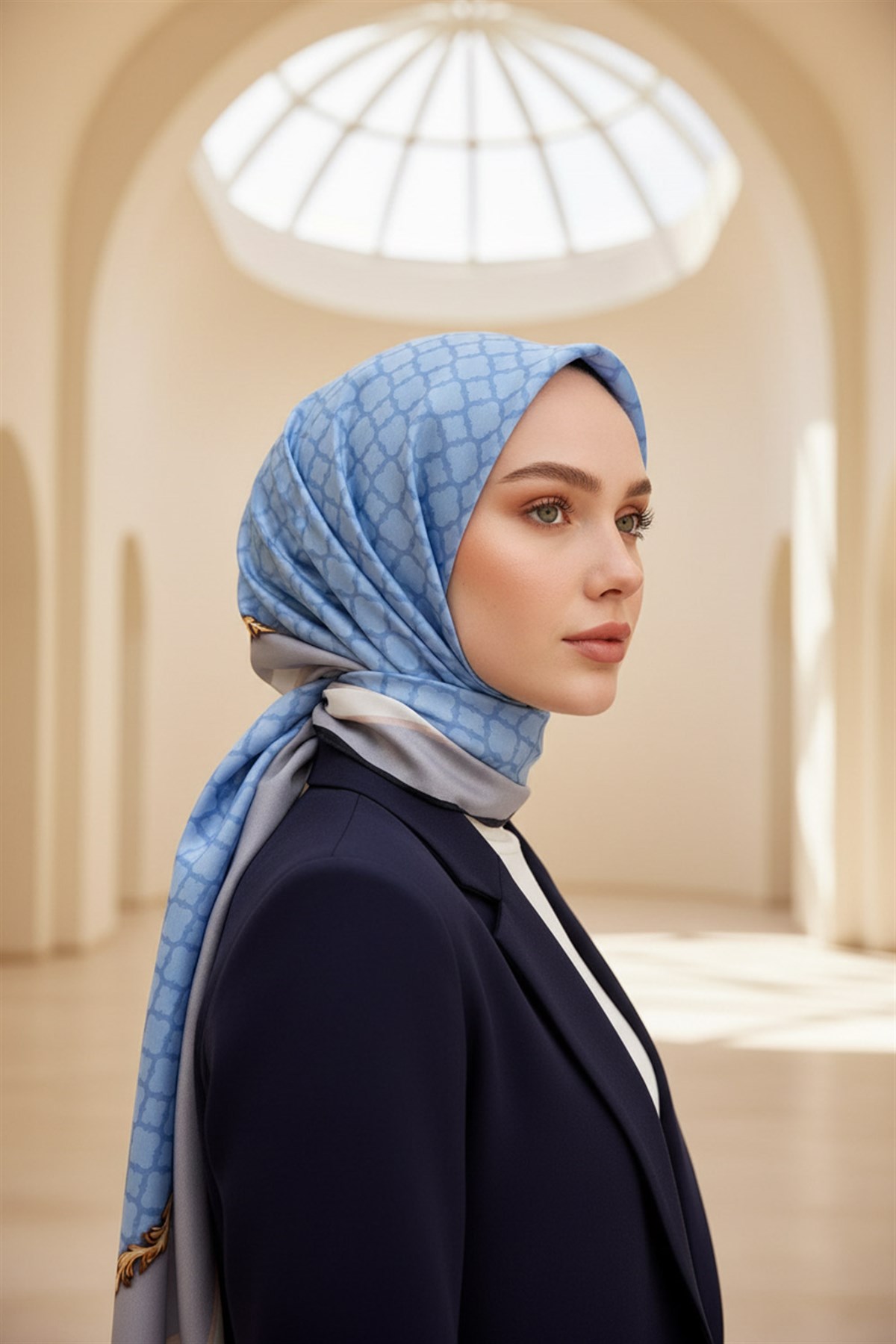 %100 Saf İpek Şal İnce Saten Vual Dokuma Dokuma Çiçek Desenli Bebe Mavisi - Gri Renkli 90x210 Şal