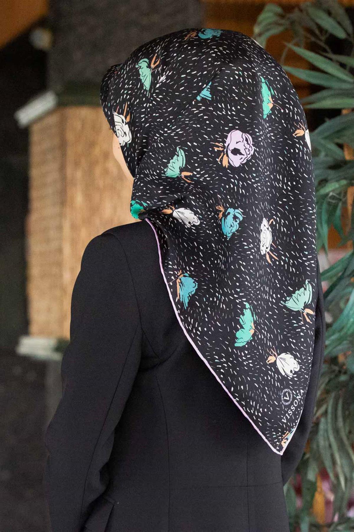 %100 Twill İpek Çıtır Çiçek Desenli Lila - Su Yeşili Renkli 90x90 Eşarp Dikim Şekli : El Dikişi