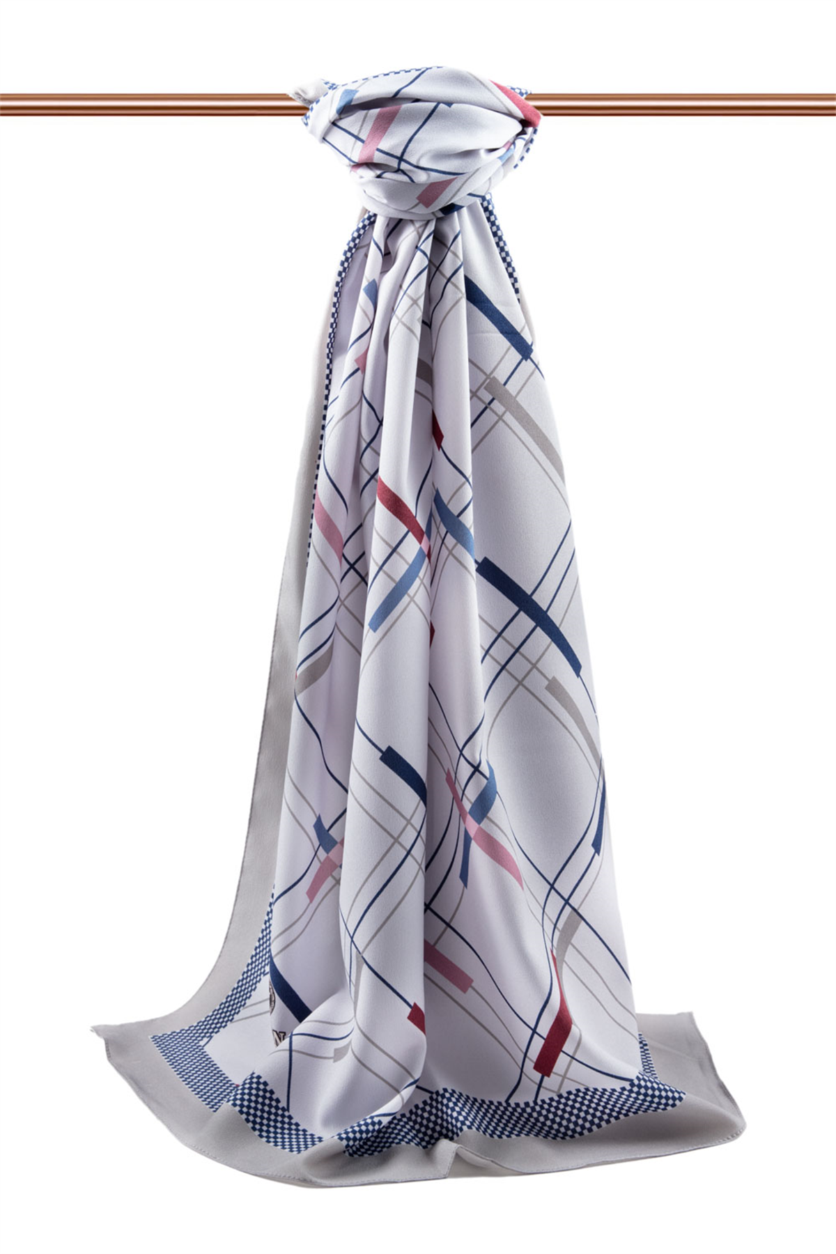 LÜKS MEDİNE İPEĞİ GEOMETRİK DESENLİ GRİ - MÜRDÜM RENKLİ 75X195 KIRIŞMAZ ŞAL MOSS KREP DİKİŞ TİPİ İTALYAN DİKİŞLİ