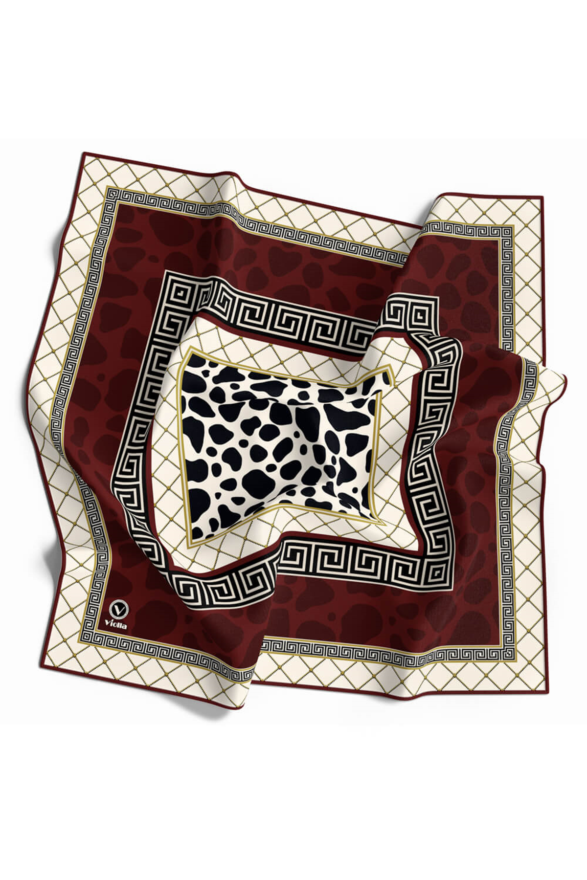 Twill Taş Desenli Bordo Renkli 90x90 Eşarp (İpek İçermez) Kenar Dikiş Şekli El Dikişli