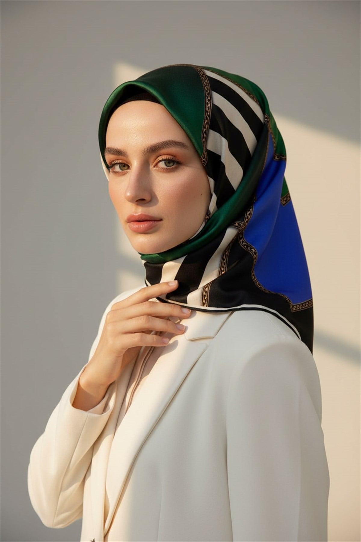 %100 Twill İpek Geometrik Desenli Saks - Zümrüt Yeşili Renkli 90x90 Eşarp Dikim Şekli : El Dikişi