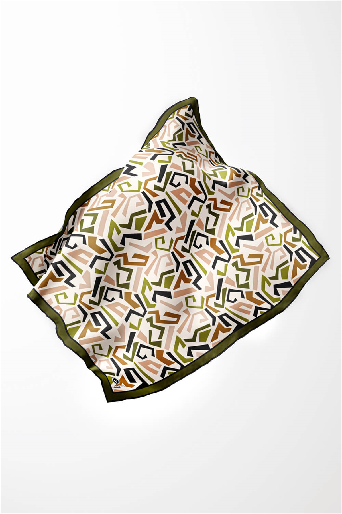 Twill Geometrik Desenli Haki Yeşili Renkli 90x90 Eşarp (İpek İçermez) Kenar Dikiş Şekli El Dikişli